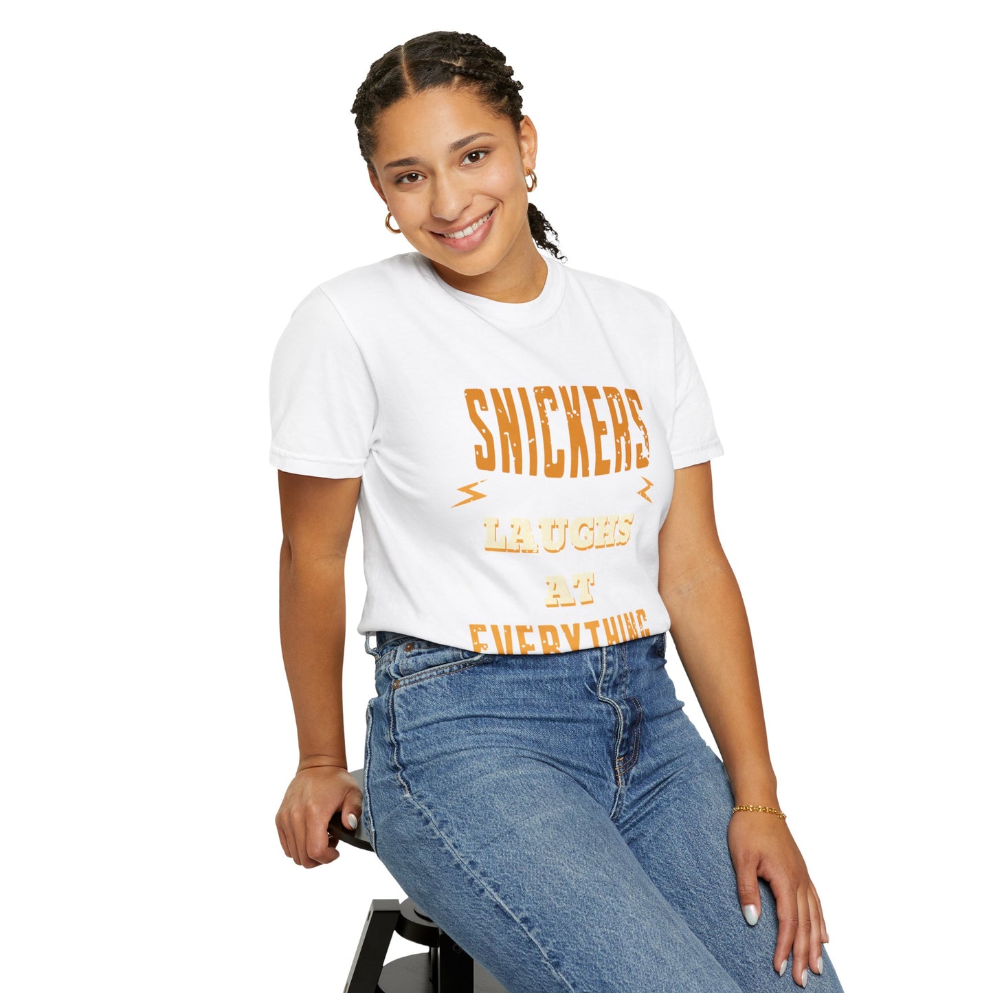 Cheerful 'Laughs at Everything' T-Shirt - coworker/friend Inspired Humorous Fun Shirt