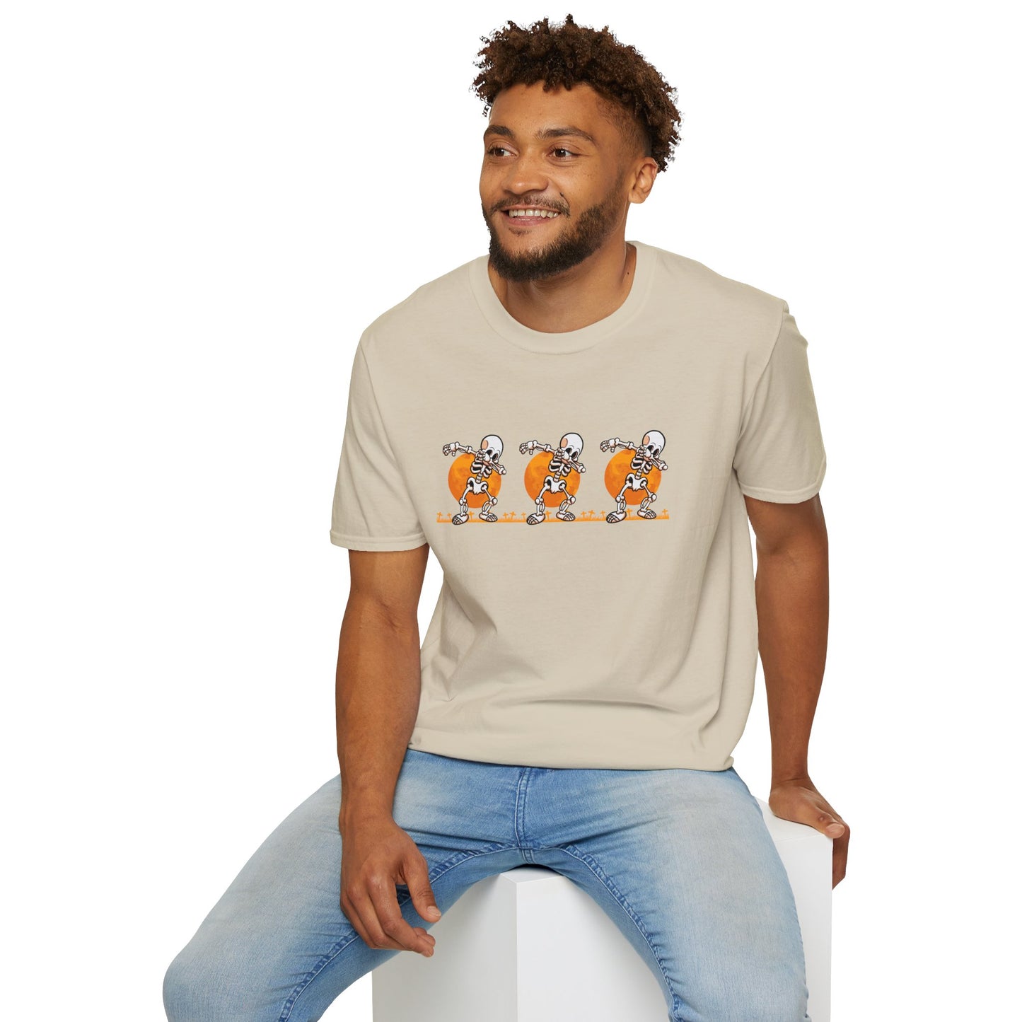 Moonlit Macabre: Dancing Skeleton Halloween T-Shirt – Spooky Unisex Softstyle T-Shirt