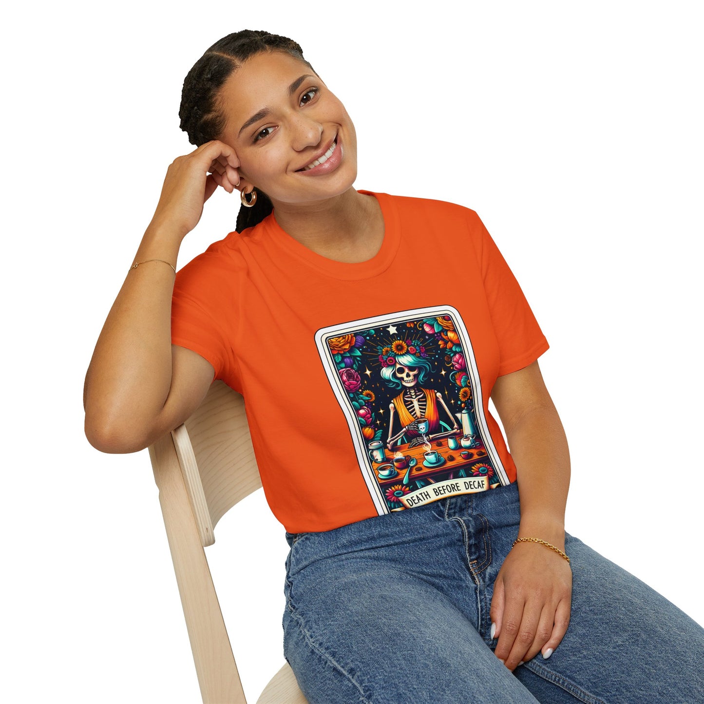 Spooky Halloween Coffee Skeleton Tee - Vibrant Day of the Dead Style Shirt