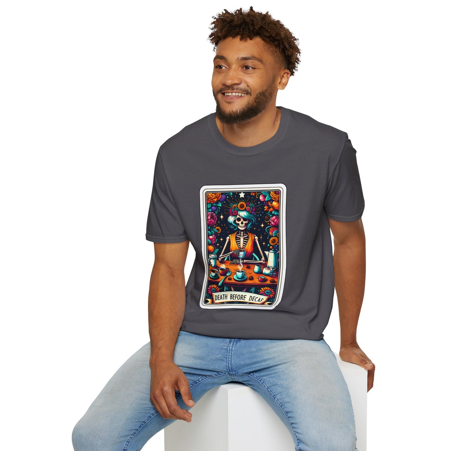 Spooky Halloween Coffee Skeleton Tee - Vibrant Day of the Dead Style Shirt