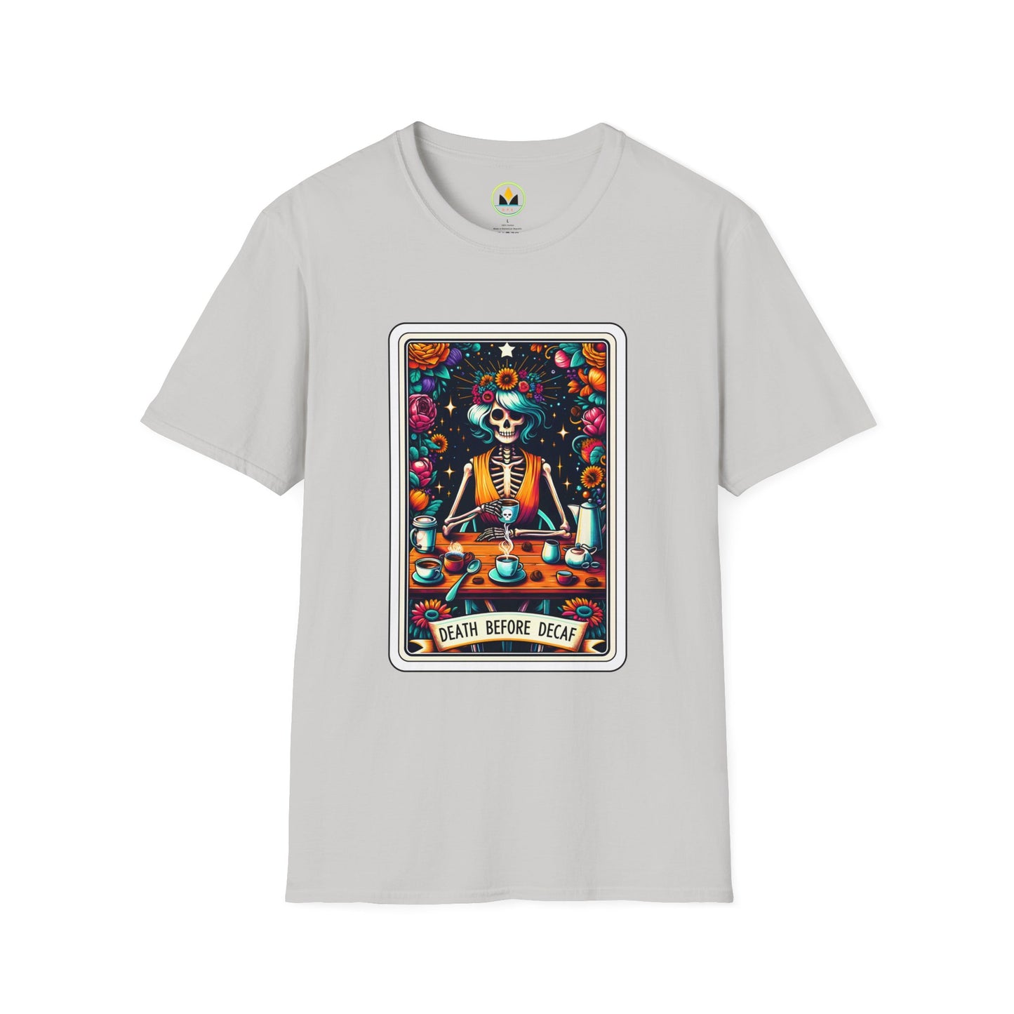 Spooky Halloween Coffee Skeleton Tee - Vibrant Day of the Dead Style Shirt
