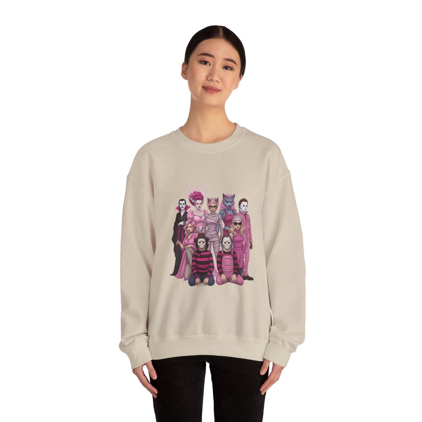 Lady Slashers Halloween Sweatshirt | Female Horror Villains Crewneck in Pink