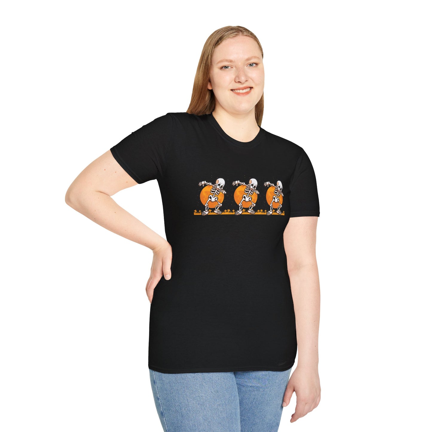 Moonlit Macabre: Dancing Skeleton Halloween T-Shirt – Spooky Unisex Softstyle T-Shirt