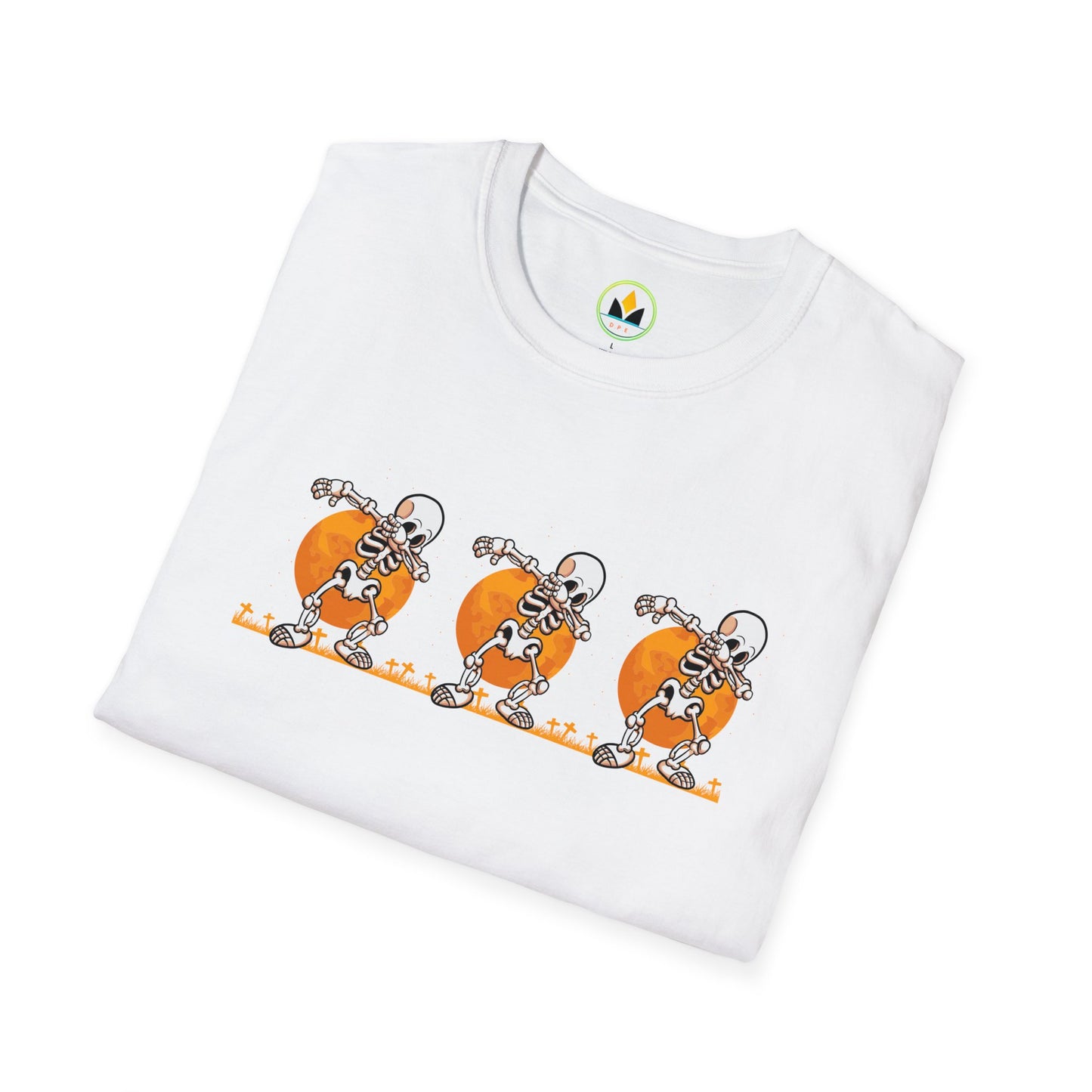 Moonlit Macabre: Dancing Skeleton Halloween T-Shirt – Spooky Unisex Softstyle T-Shirt