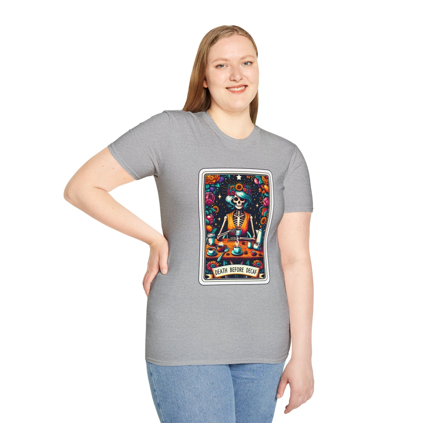 Spooky Halloween Coffee Skeleton Tee - Vibrant Day of the Dead Style Shirt