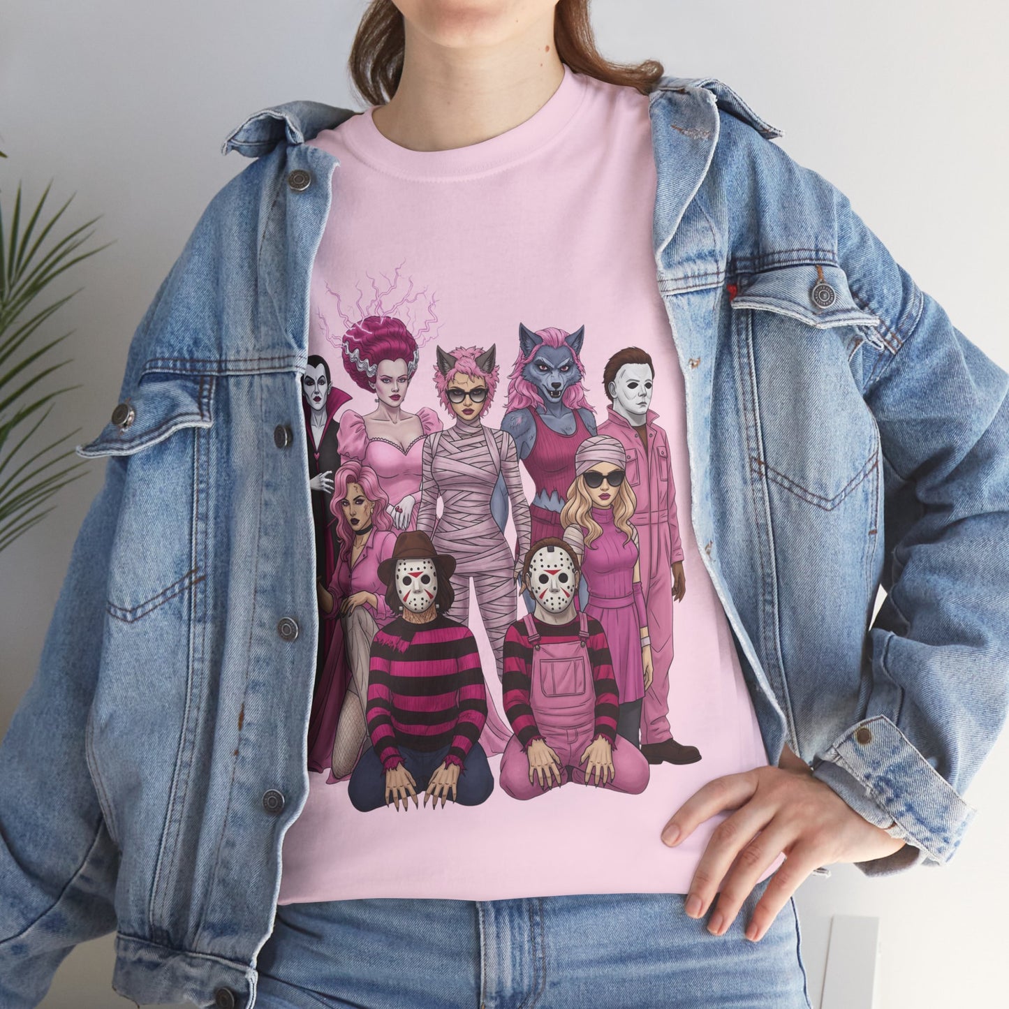 Lady Slashers Halloween Tee | Female Horror Villains Reunion Shirt in Pink