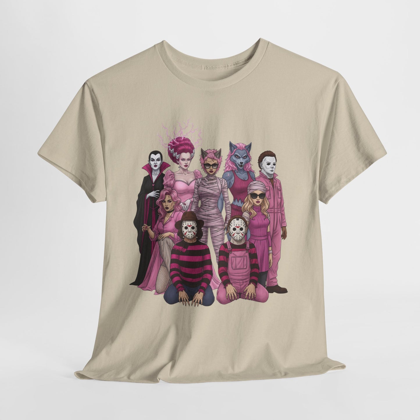 Lady Slashers Halloween Tee | Female Horror Villains Reunion Shirt in Pink