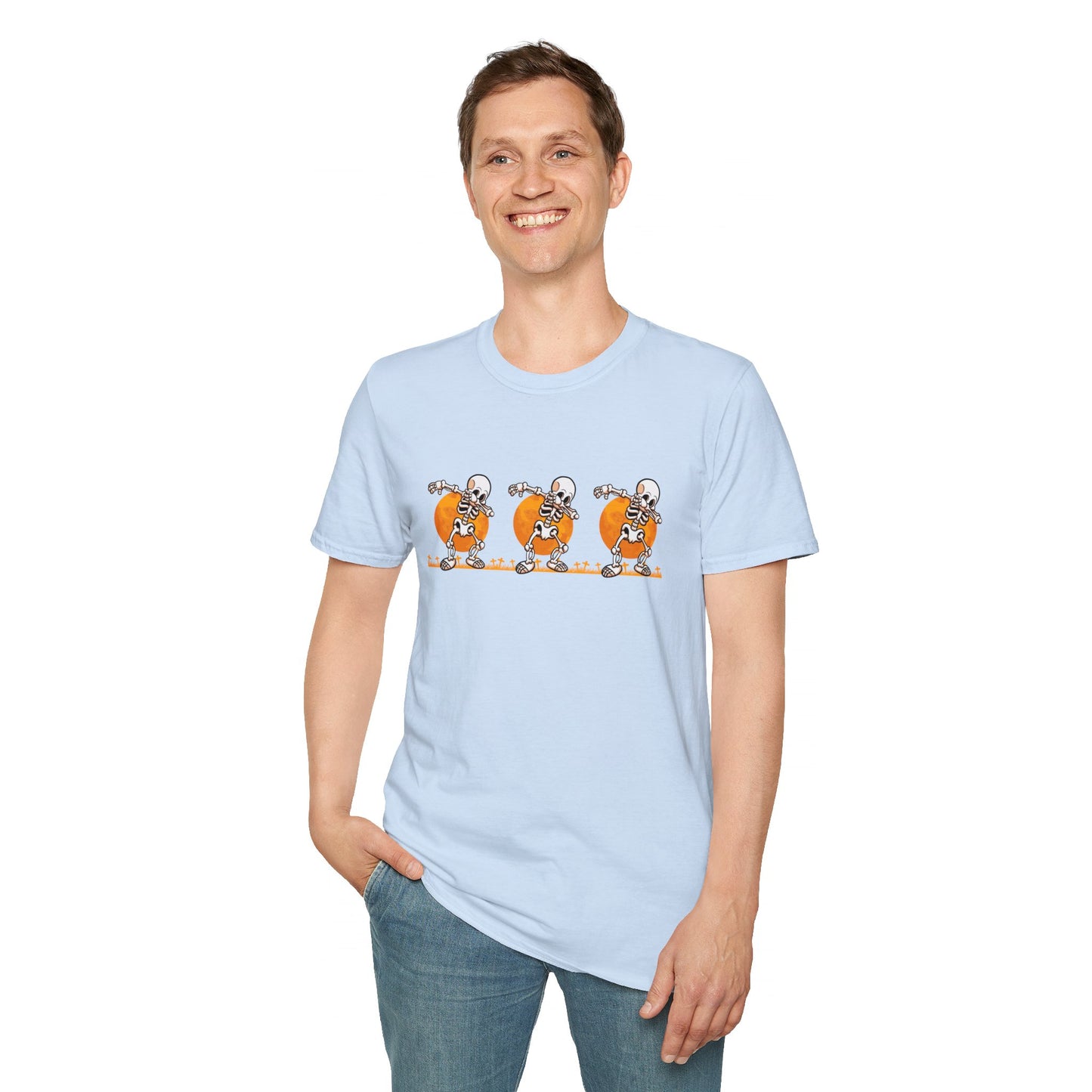 Moonlit Macabre: Dancing Skeleton Halloween T-Shirt – Spooky Unisex Softstyle T-Shirt