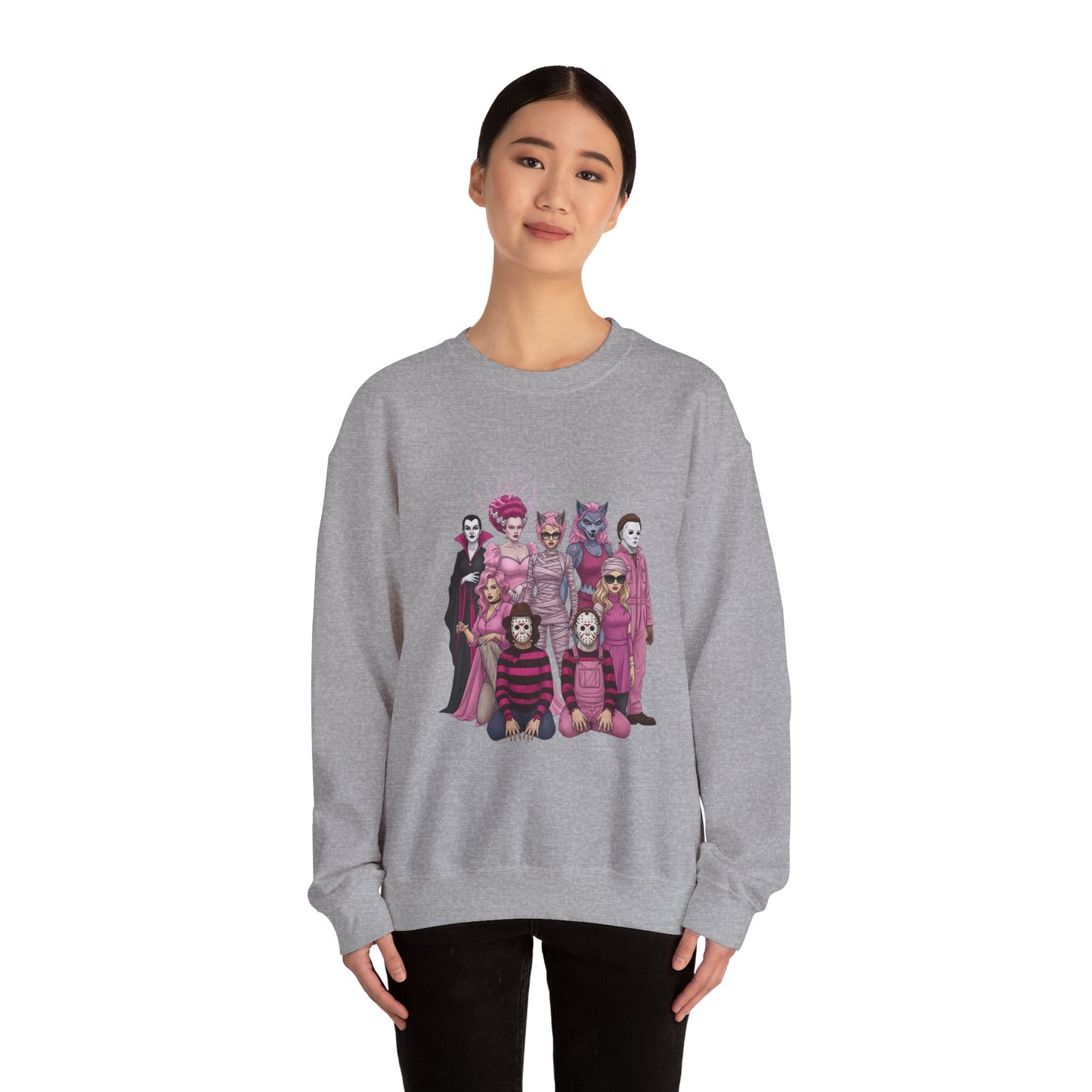 Lady Slashers Halloween Sweatshirt | Female Horror Villains Crewneck in Pink