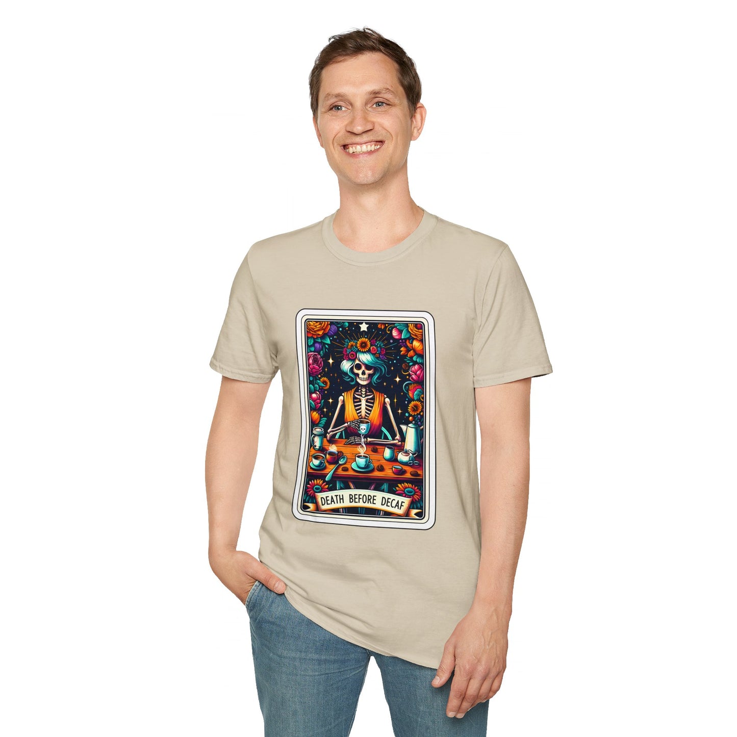 Spooky Halloween Coffee Skeleton Tee - Vibrant Day of the Dead Style Shirt
