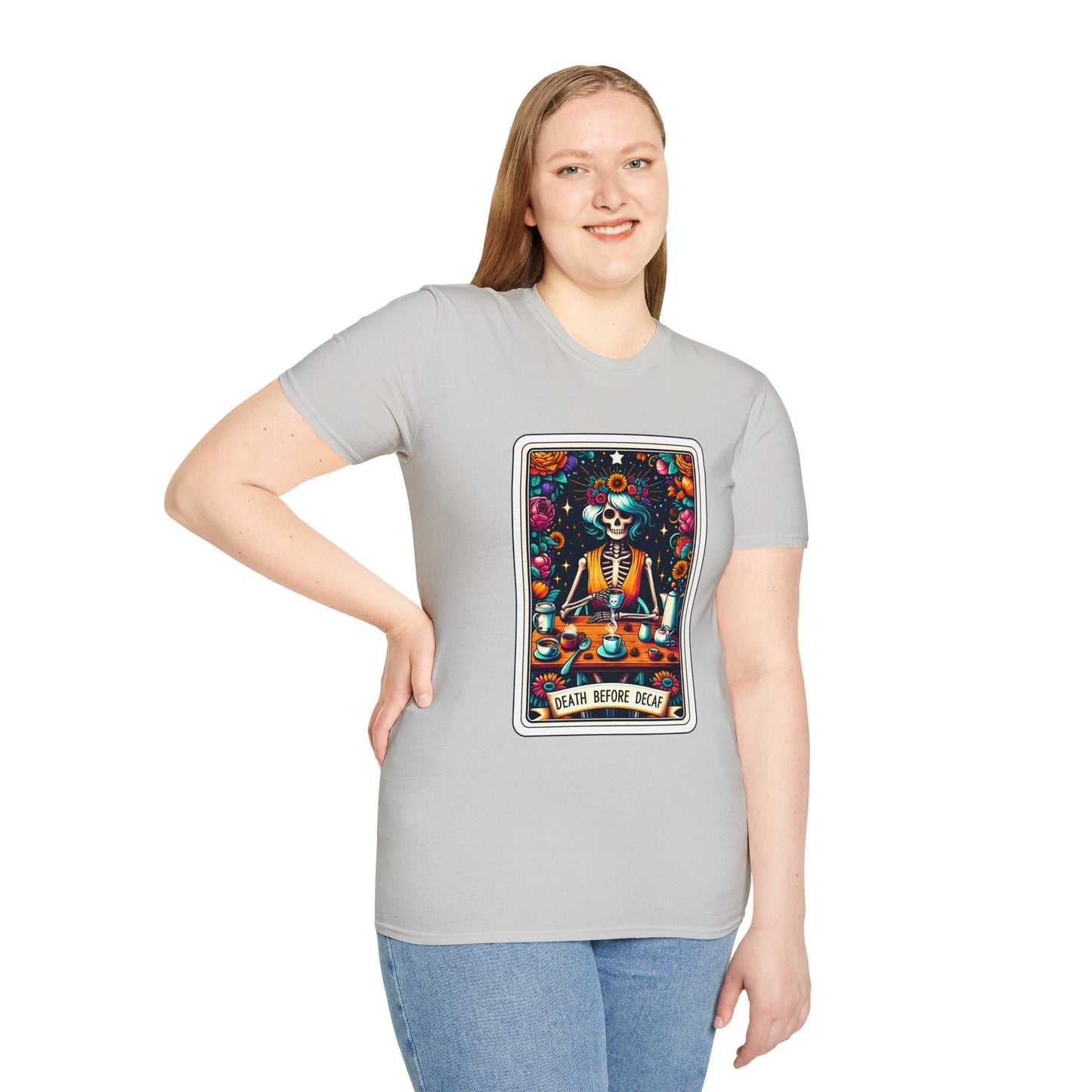 Spooky Halloween Coffee Skeleton Tee - Vibrant Day of the Dead Style Shirt