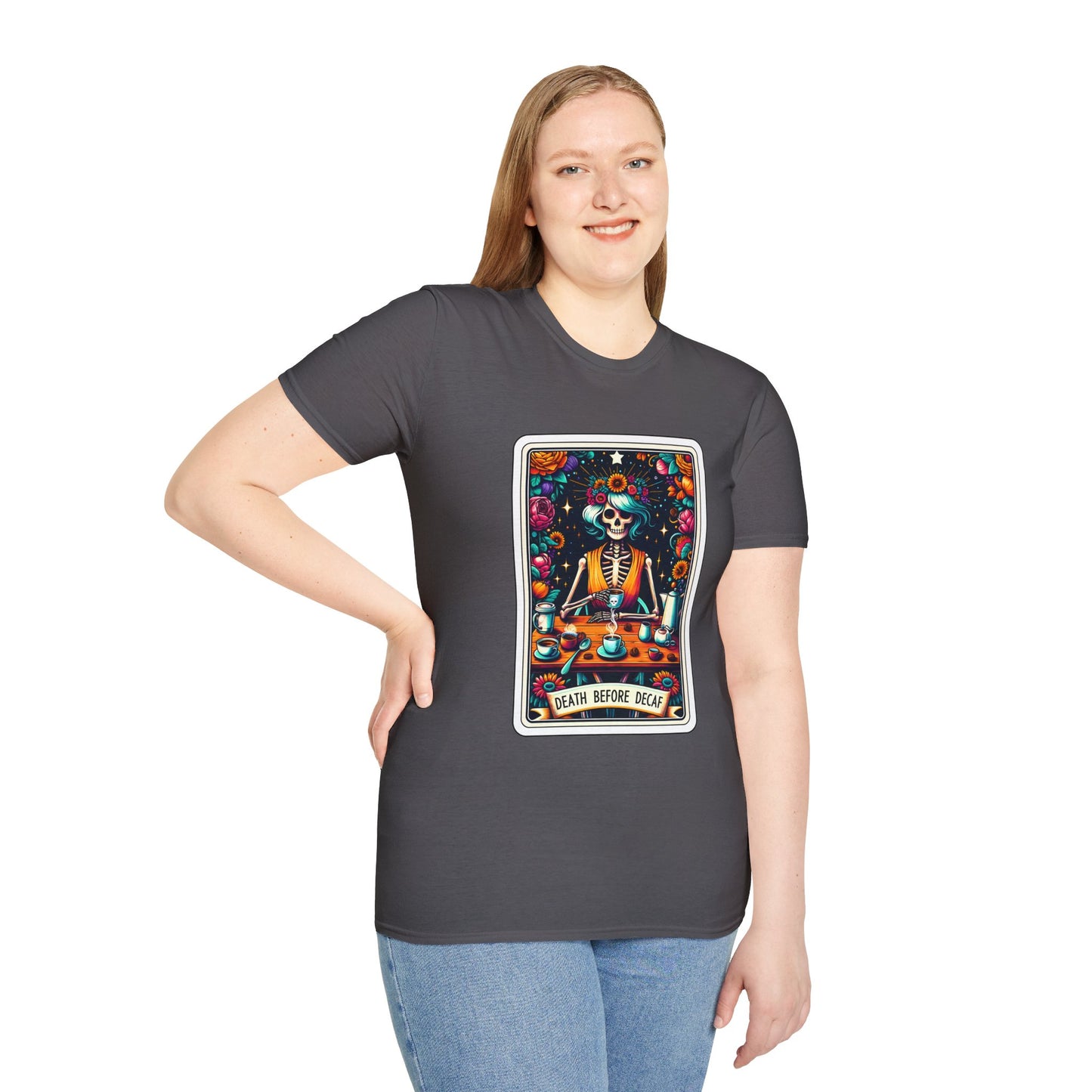 Spooky Halloween Coffee Skeleton Tee - Vibrant Day of the Dead Style Shirt
