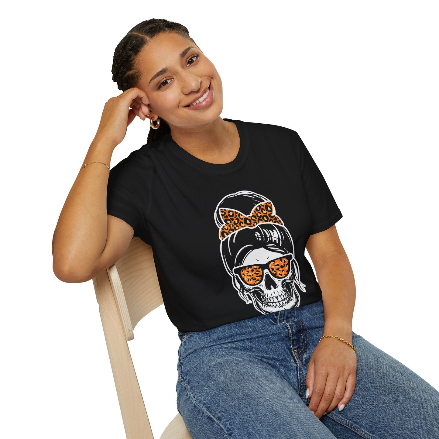 Spooky Chic Skull Tee - Leopard Print Bow & Sunglasses - Halloween Fashion Statement