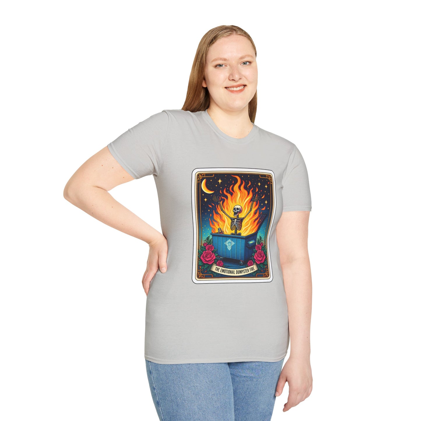 Emotional Dumpster Fire Tarot Tee - Unique Halloween Skeleton Shirt