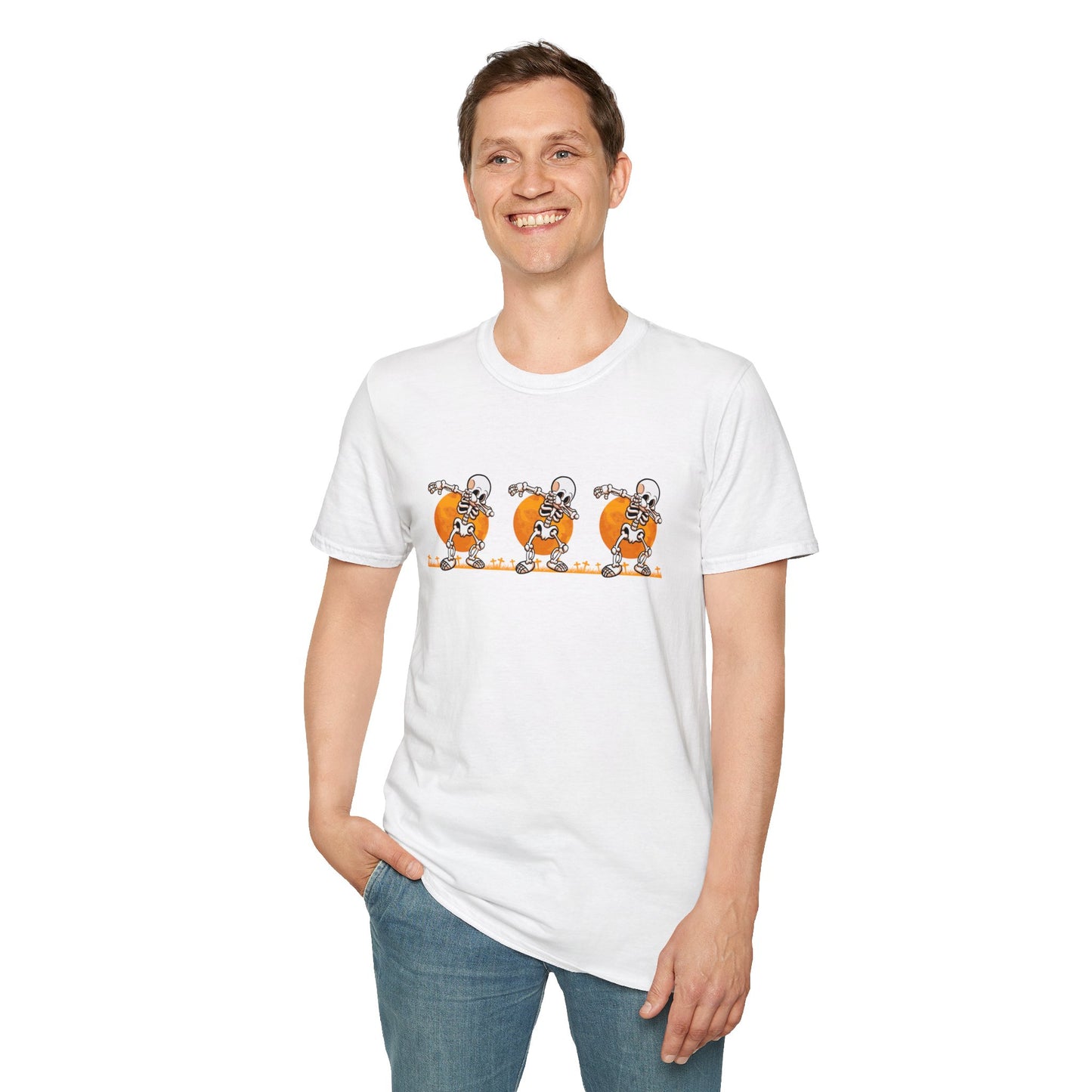 Moonlit Macabre: Dancing Skeleton Halloween T-Shirt – Spooky Unisex Softstyle T-Shirt