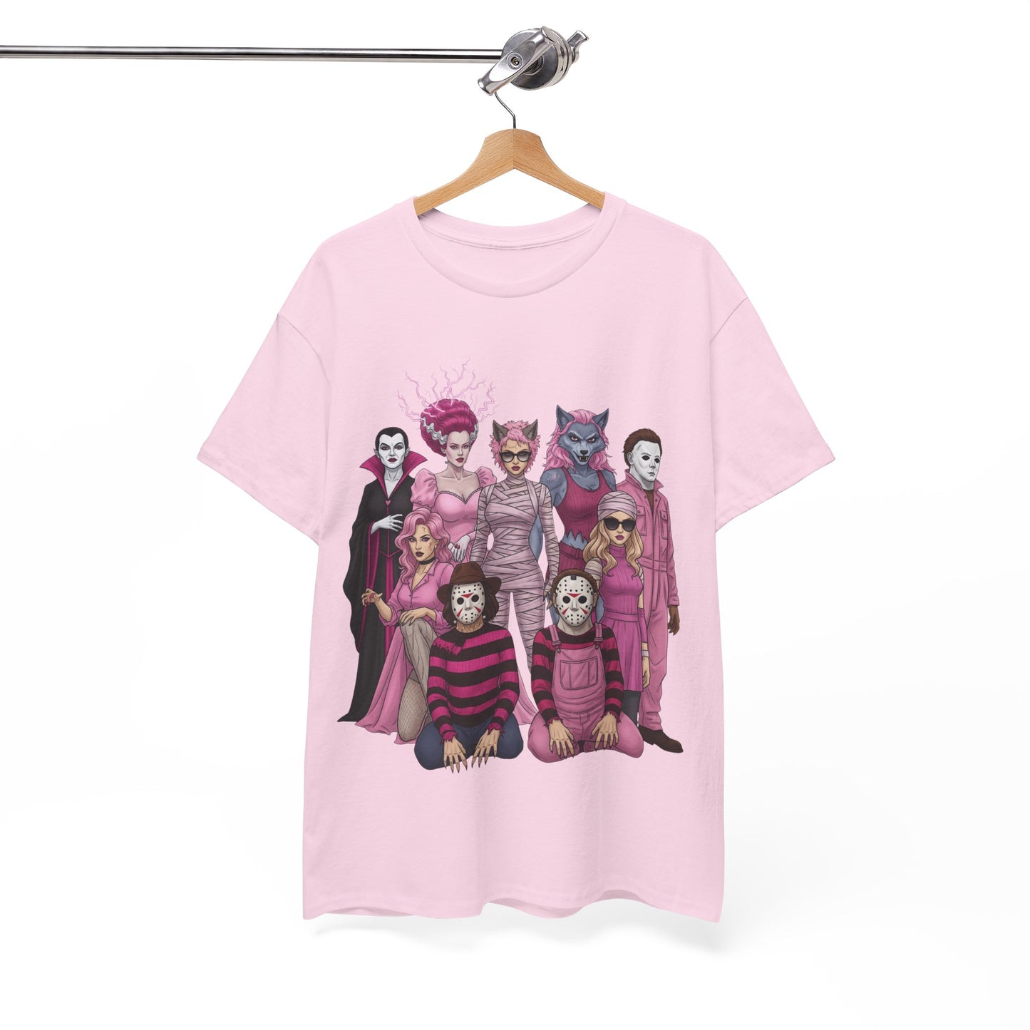 Lady Slashers Halloween Tee | Female Horror Villains Reunion Shirt in Pink