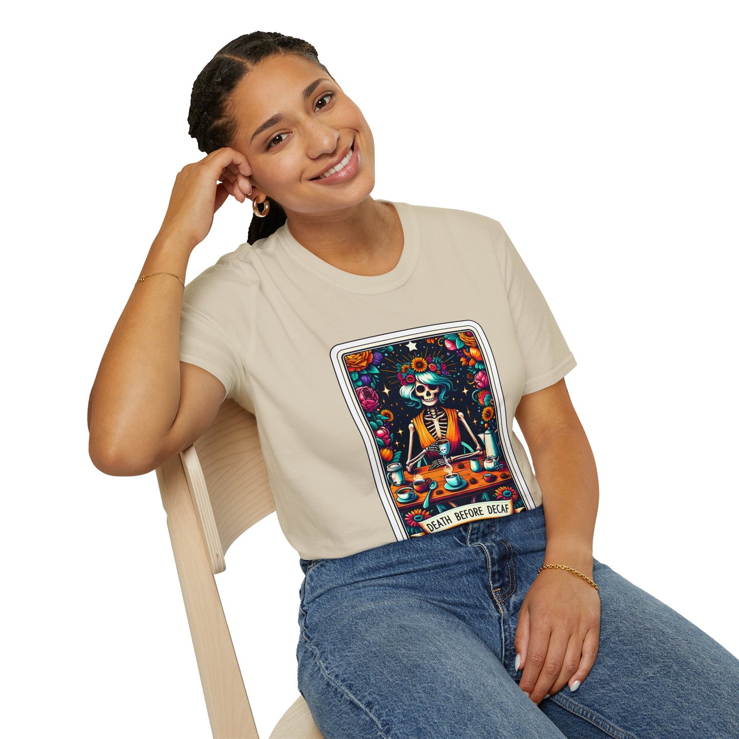 Spooky Halloween Coffee Skeleton Tee - Vibrant Day of the Dead Style Shirt