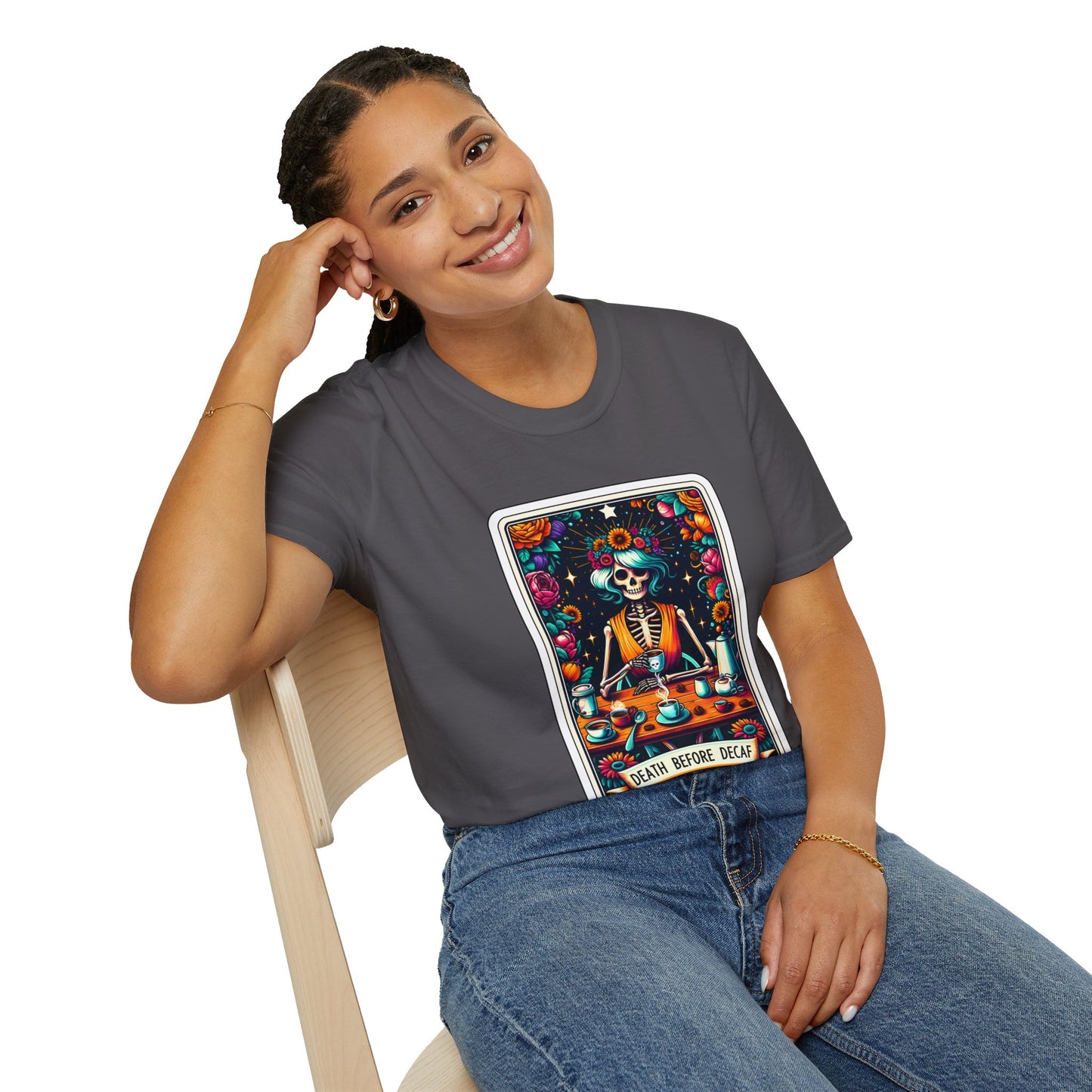 Spooky Halloween Coffee Skeleton Tee - Vibrant Day of the Dead Style Shirt