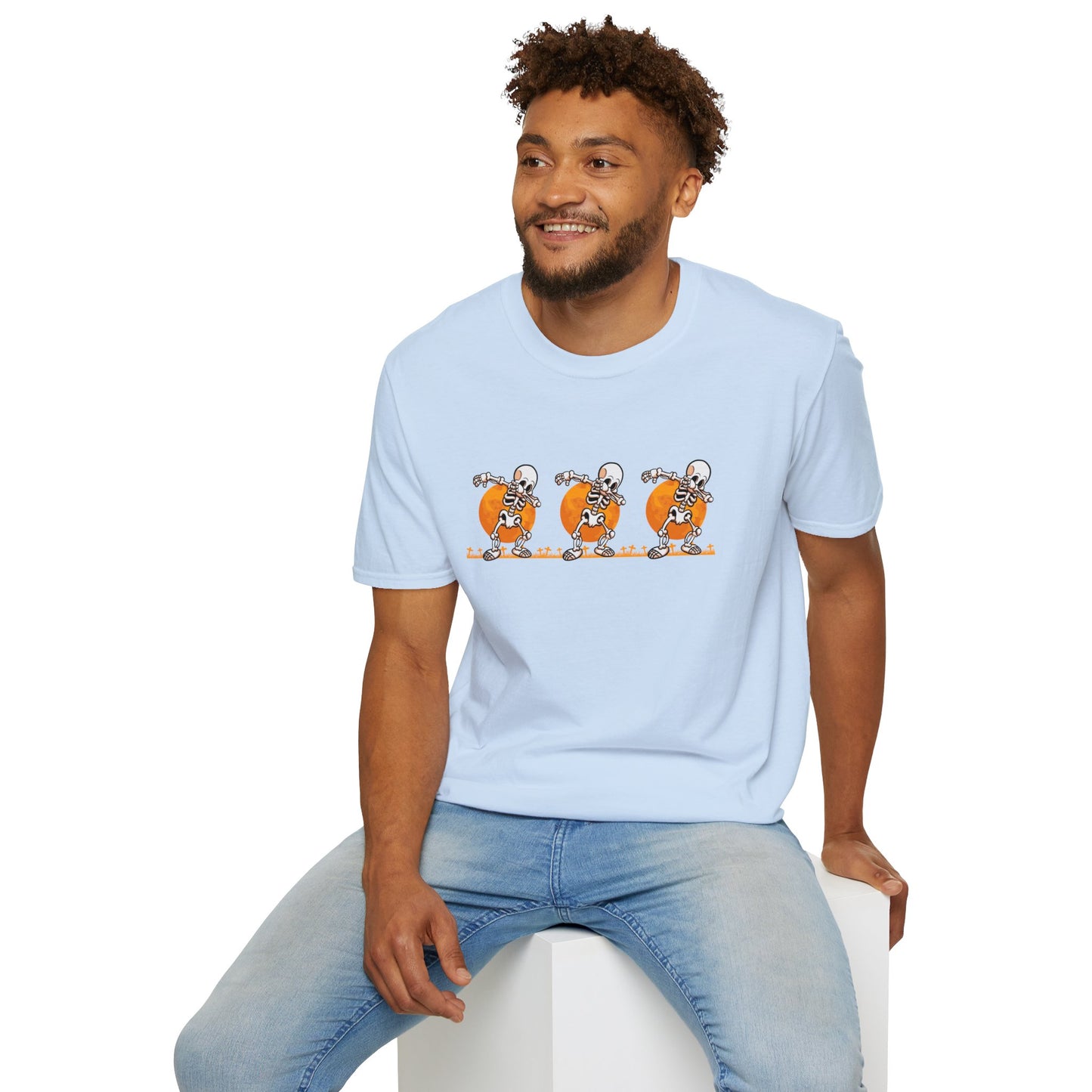 Moonlit Macabre: Dancing Skeleton Halloween T-Shirt – Spooky Unisex Softstyle T-Shirt