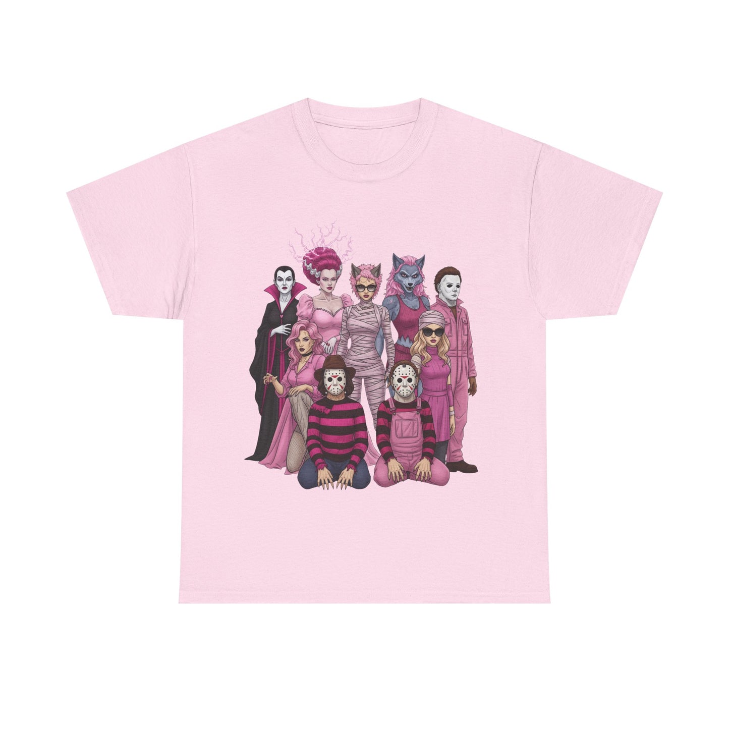 Lady Slashers Halloween Tee | Female Horror Villains Reunion Shirt in Pink