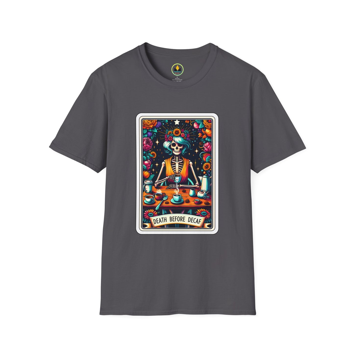 Spooky Halloween Coffee Skeleton Tee - Vibrant Day of the Dead Style Shirt