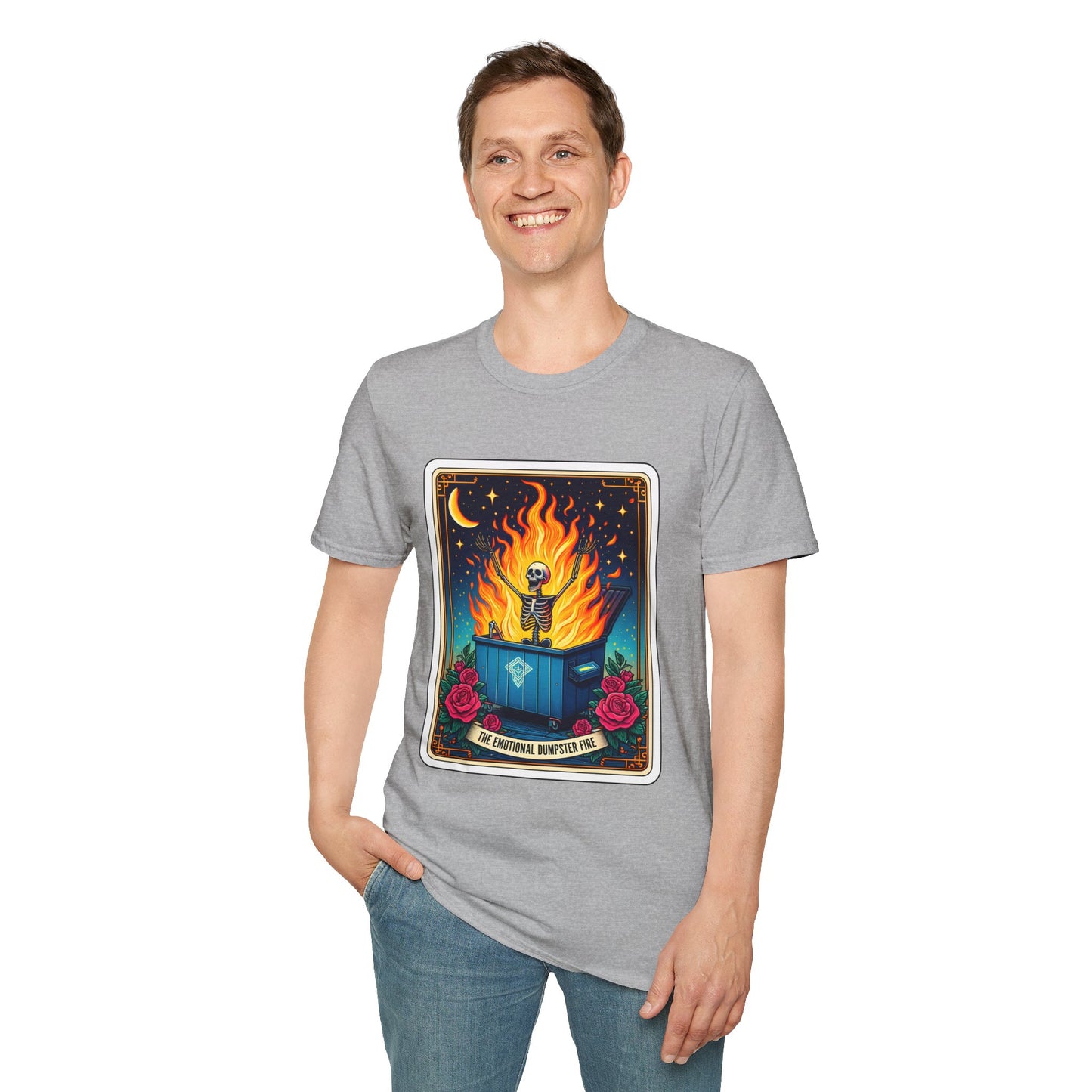 Emotional Dumpster Fire Tarot Tee - Unique Halloween Skeleton Shirt