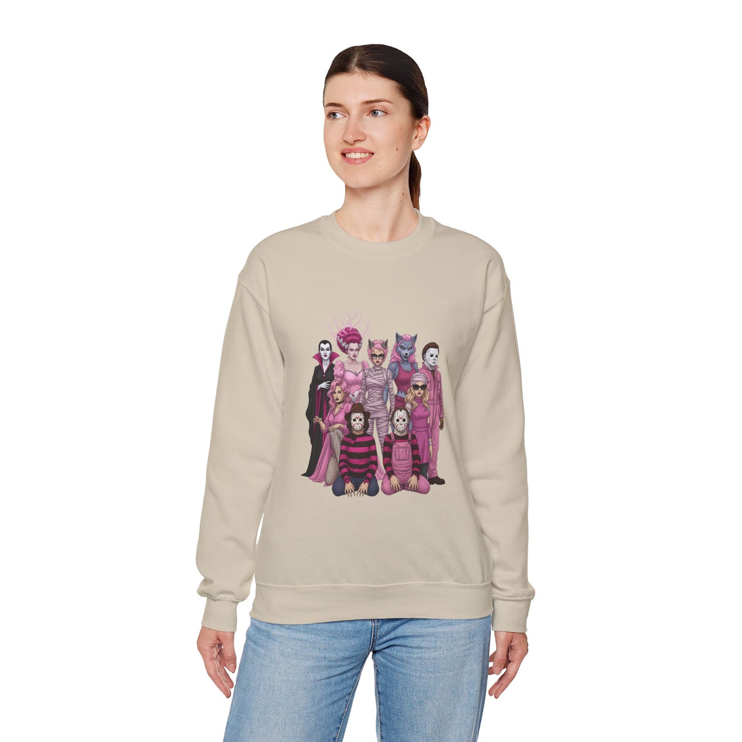 Lady Slashers Halloween Sweatshirt | Female Horror Villains Crewneck in Pink