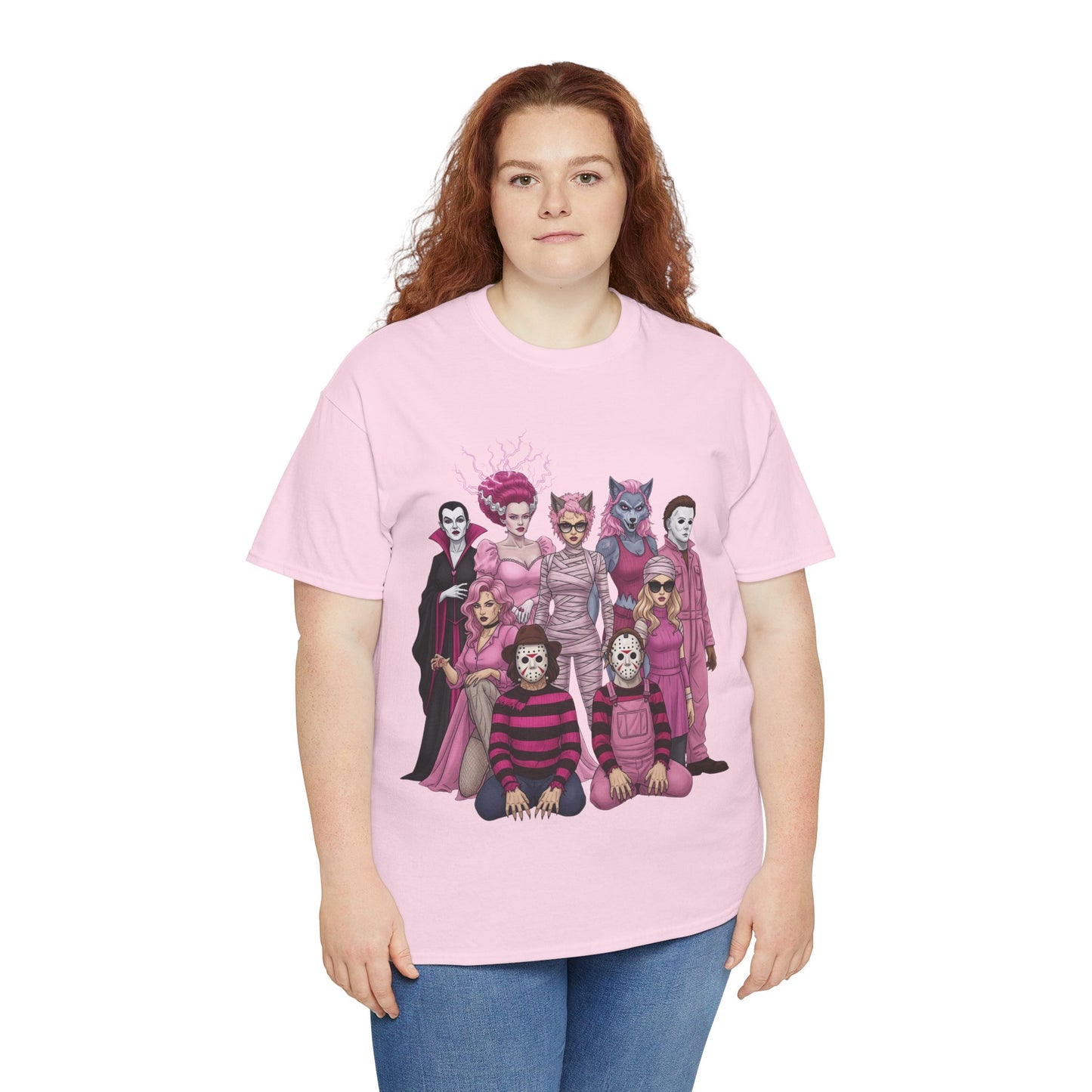 Lady Slashers Halloween Tee | Female Horror Villains Reunion Shirt in Pink