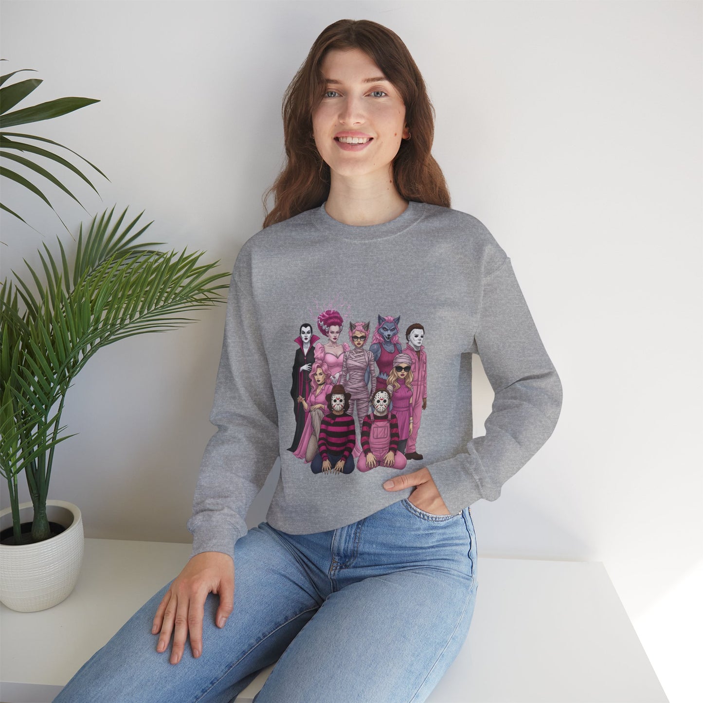Lady Slashers Halloween Sweatshirt | Female Horror Villains Crewneck in Pink