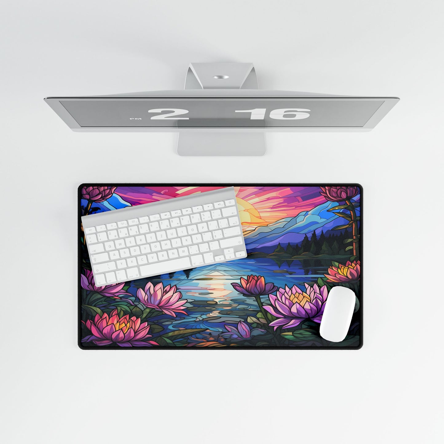 Mountain Sunset Desk Mat | Large Gaming Mouse Pad (24x14) | Lotus Flower Lake Scenery | Non-Slip Rubber Base Office Decor