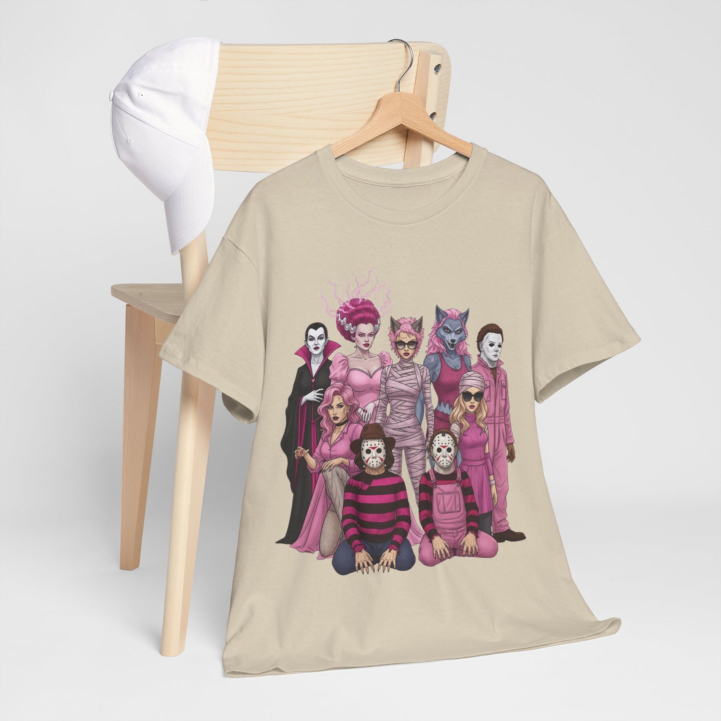 Lady Slashers Halloween Tee | Female Horror Villains Reunion Shirt in Pink