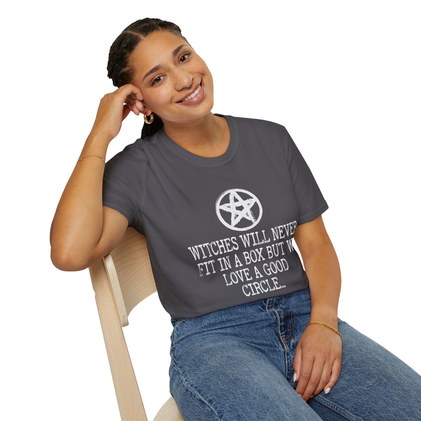 Witches Will Never Fit in a Box – Pentagram Circle Witchy T‑Shirt for Modern Coven Queens