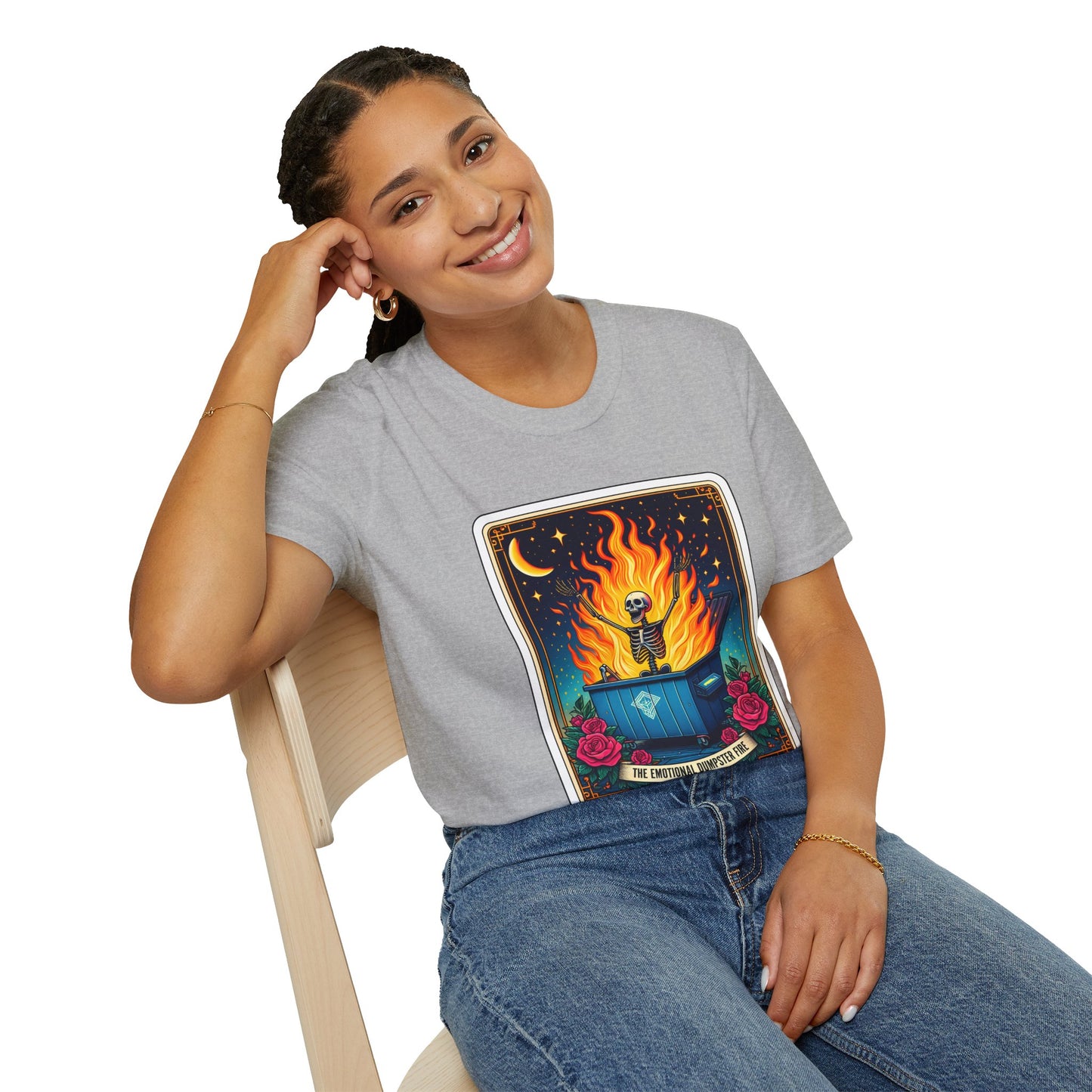 Emotional Dumpster Fire Tarot Tee - Unique Halloween Skeleton Shirt