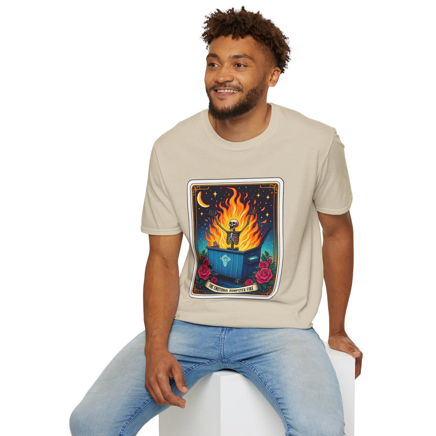 Emotional Dumpster Fire Tarot Tee - Unique Halloween Skeleton Shirt