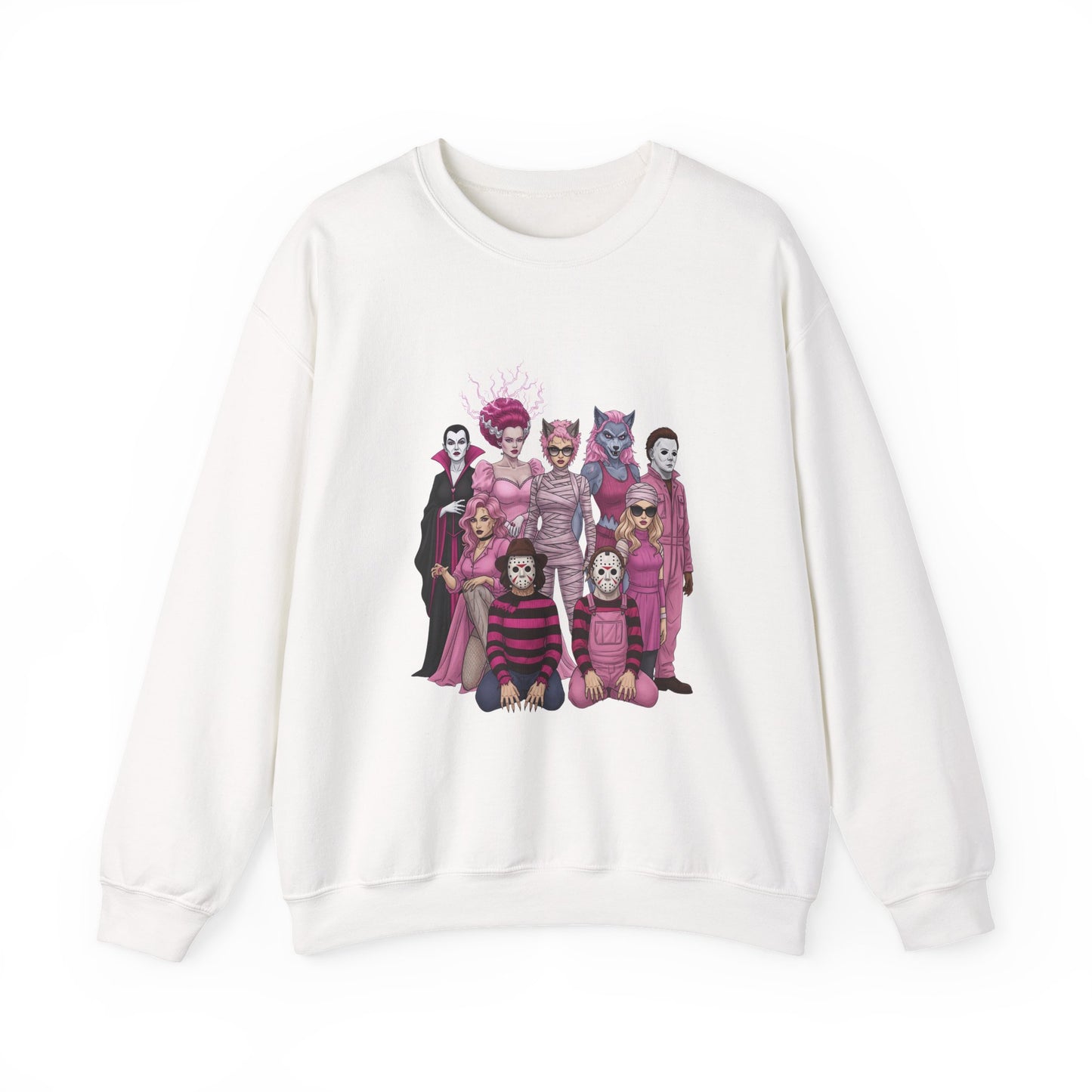 Lady Slashers Halloween Sweatshirt | Female Horror Villains Crewneck in Pink