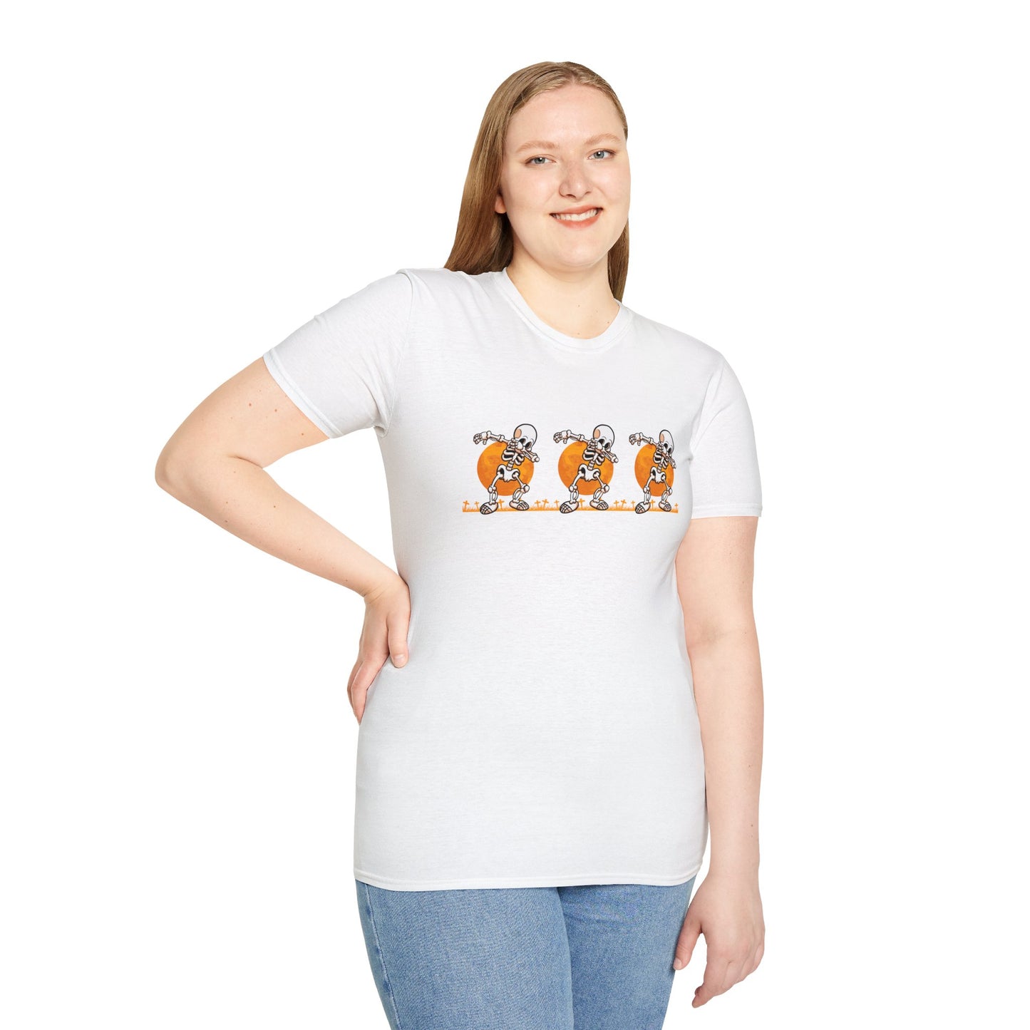 Moonlit Macabre: Dancing Skeleton Halloween T-Shirt – Spooky Unisex Softstyle T-Shirt
