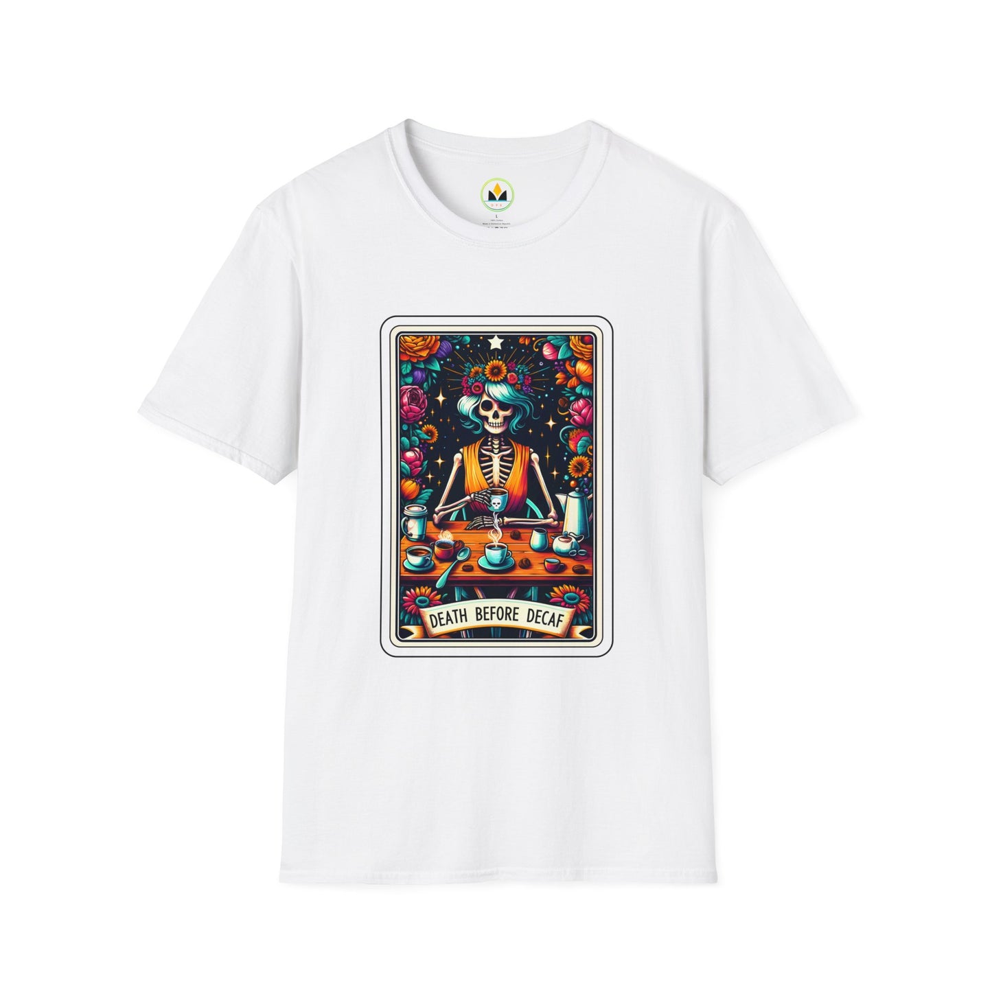 Spooky Halloween Coffee Skeleton Tee - Vibrant Day of the Dead Style Shirt