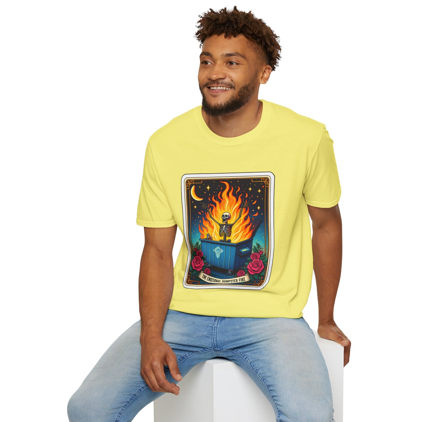 Emotional Dumpster Fire Tarot Tee - Unique Halloween Skeleton Shirt