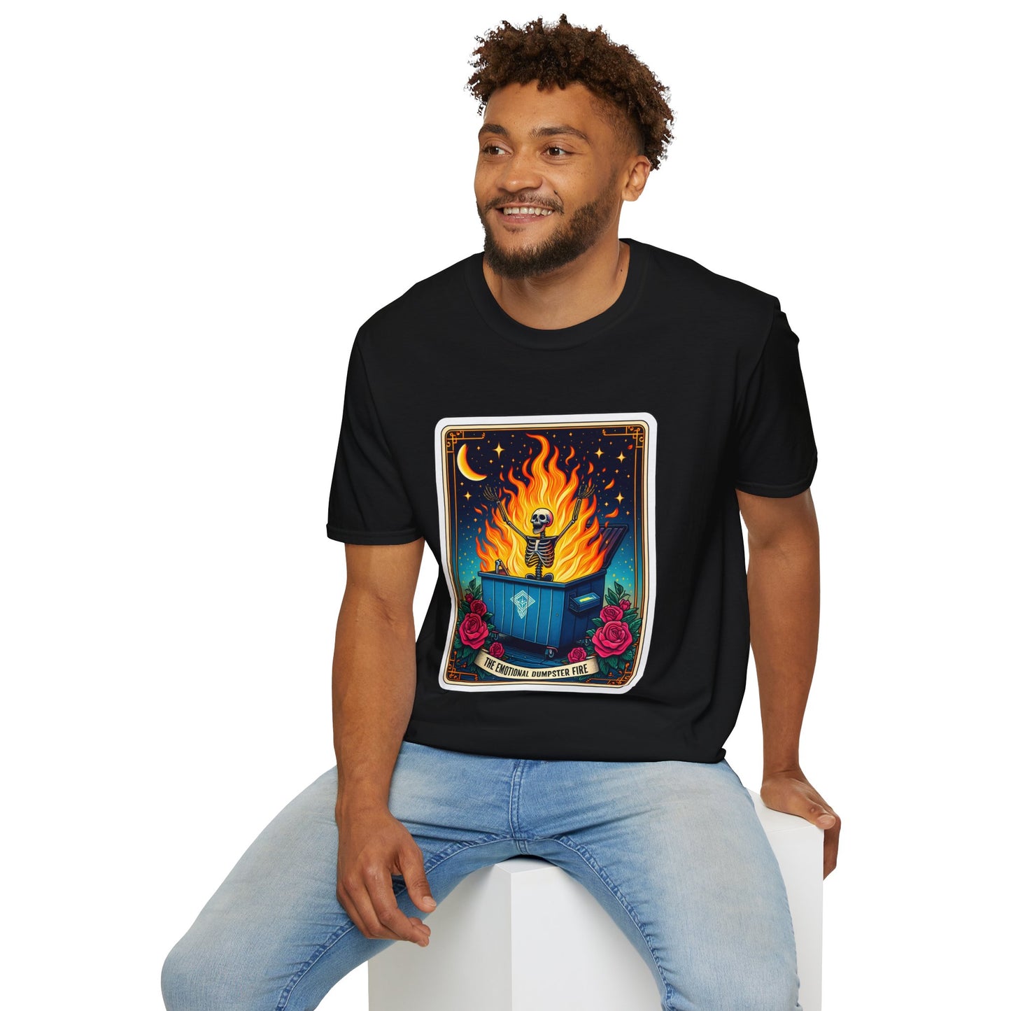 Emotional Dumpster Fire Tarot Tee - Unique Halloween Skeleton Shirt