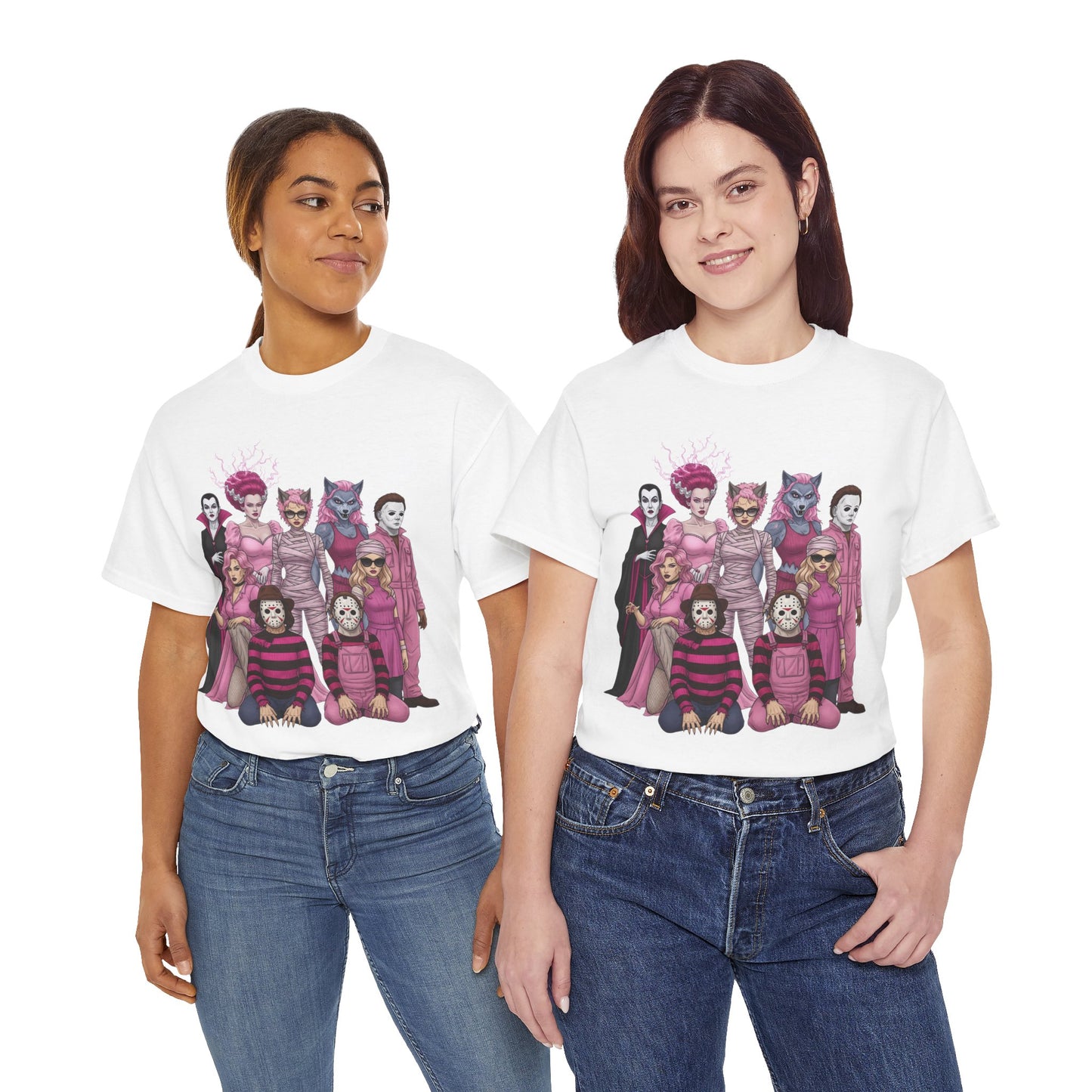 Lady Slashers Halloween Tee | Female Horror Villains Reunion Shirt in Pink