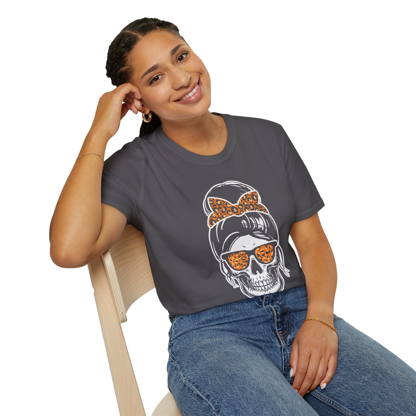 Spooky Chic Skull Tee - Leopard Print Bow & Sunglasses - Halloween Fashion Statement
