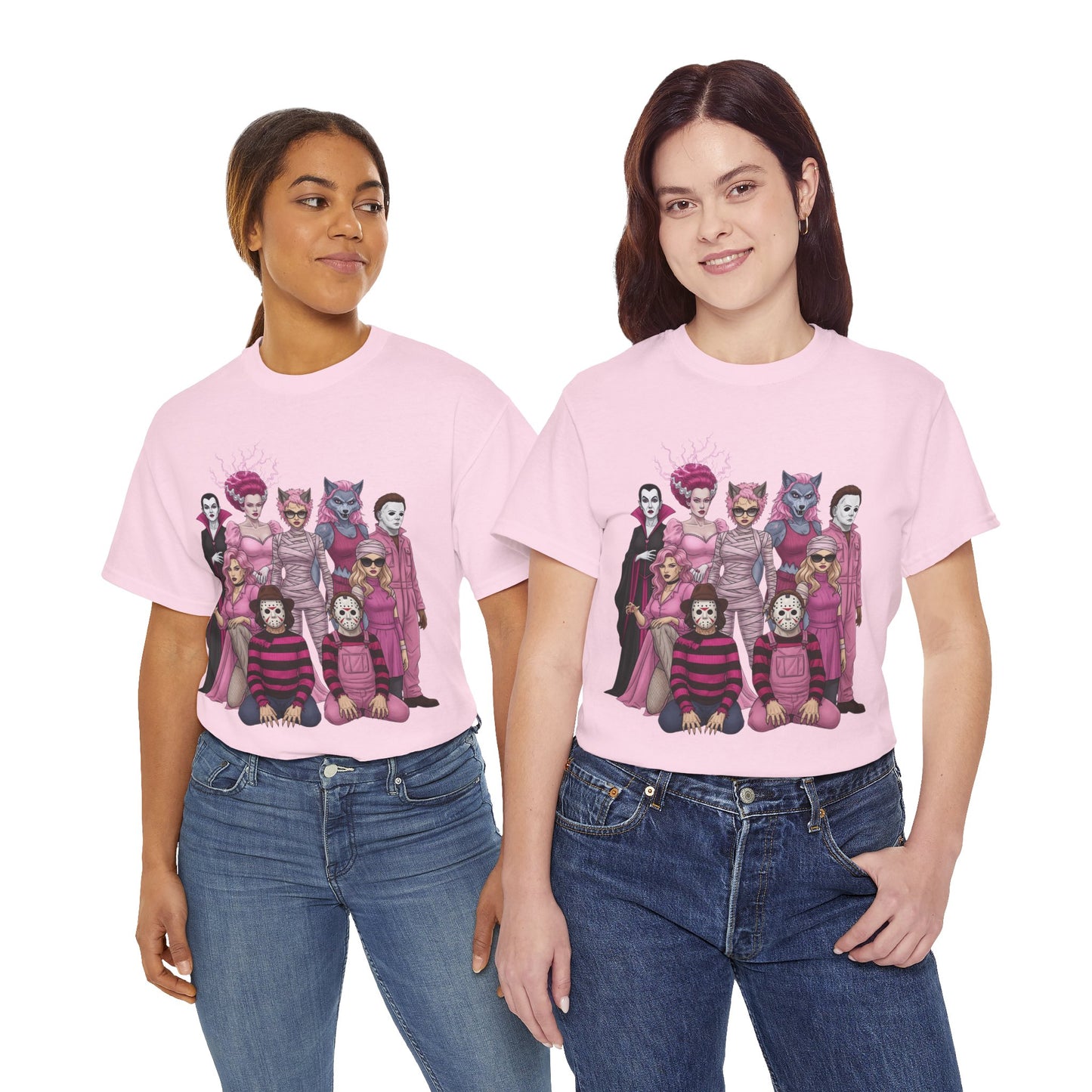 Lady Slashers Halloween Tee | Female Horror Villains Reunion Shirt in Pink