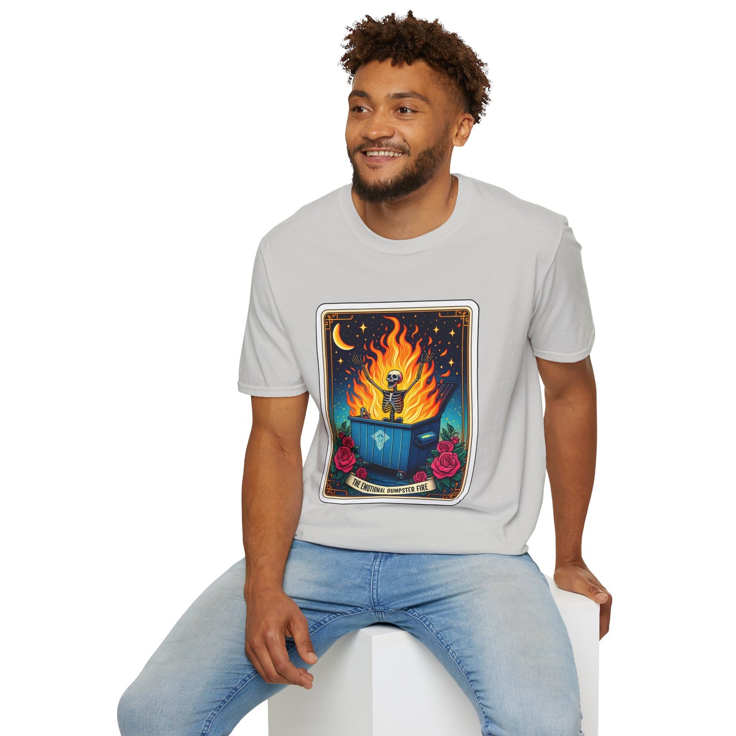 Emotional Dumpster Fire Tarot Tee - Unique Halloween Skeleton Shirt
