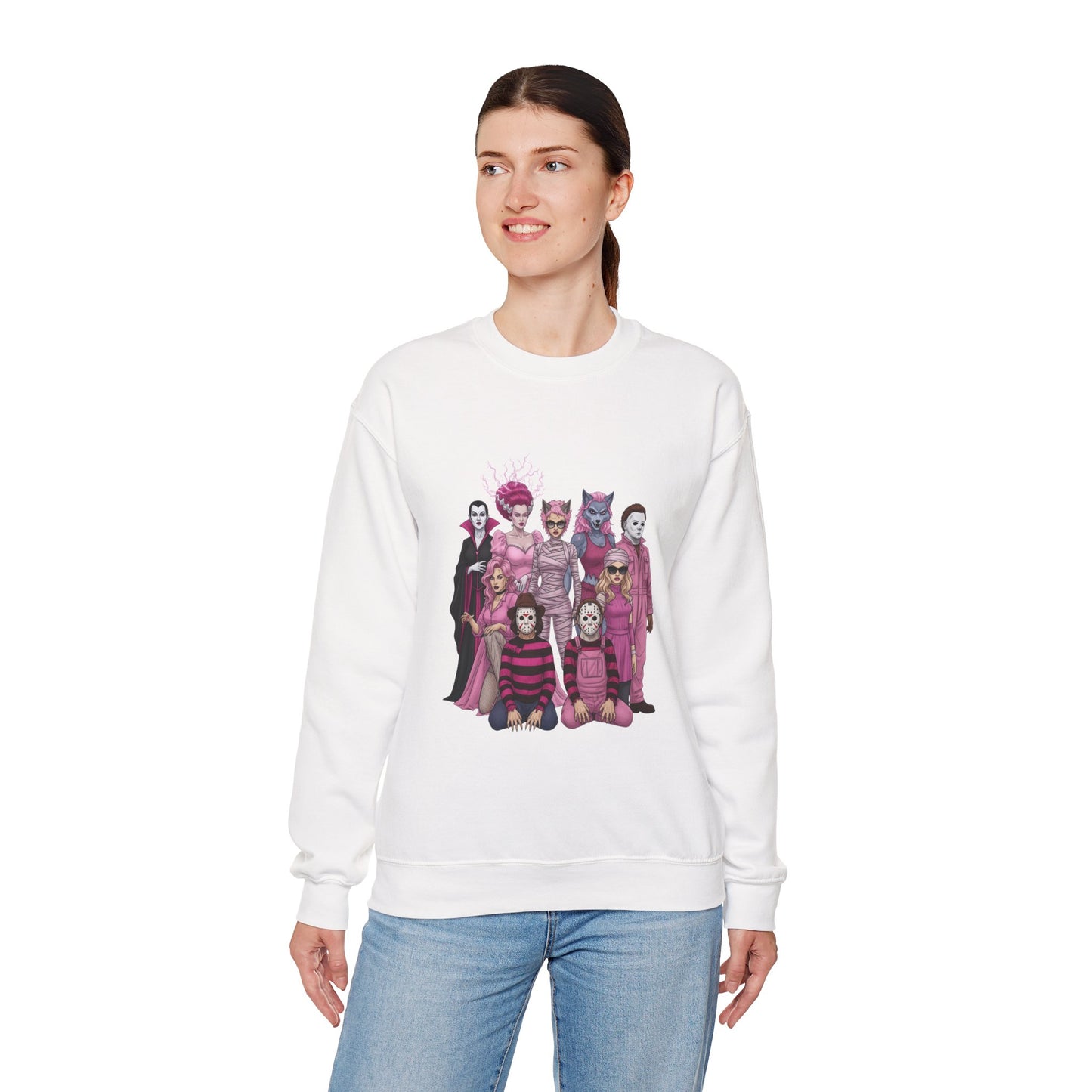 Lady Slashers Halloween Sweatshirt | Female Horror Villains Crewneck in Pink