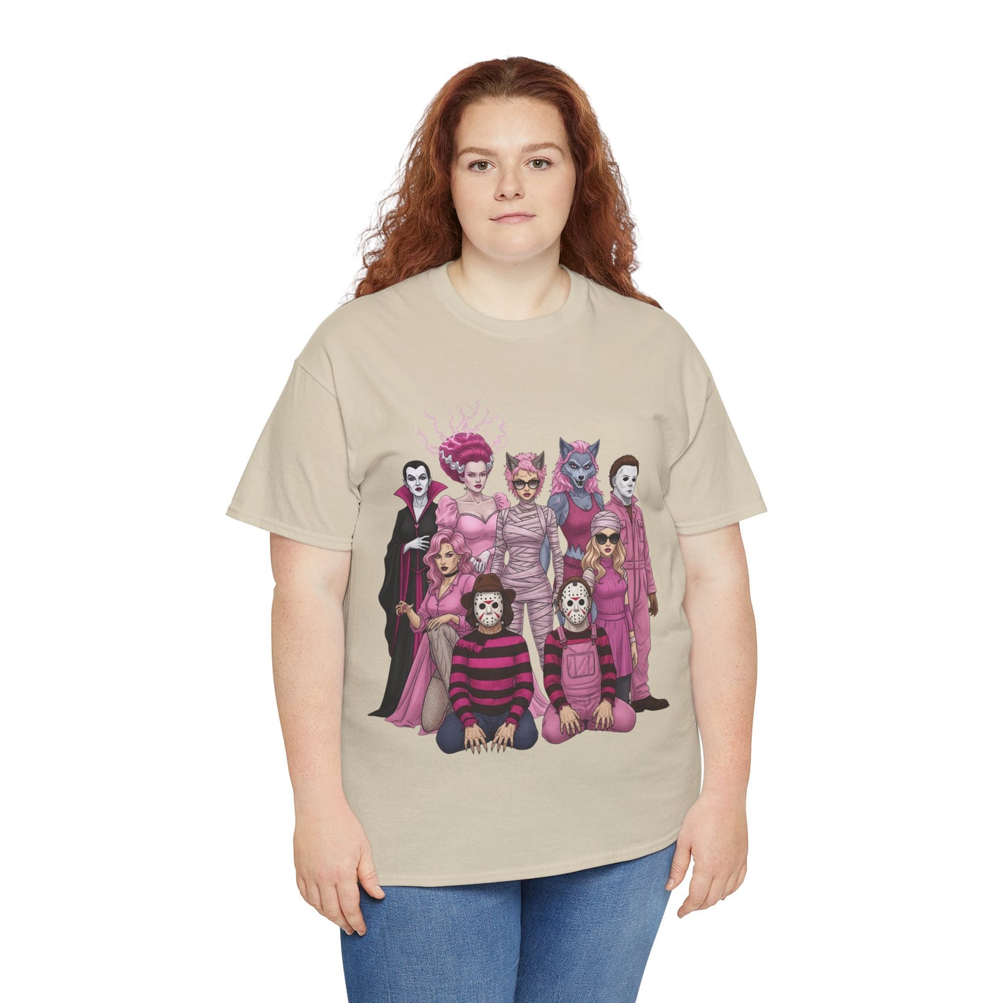 Lady Slashers Halloween Tee | Female Horror Villains Reunion Shirt in Pink
