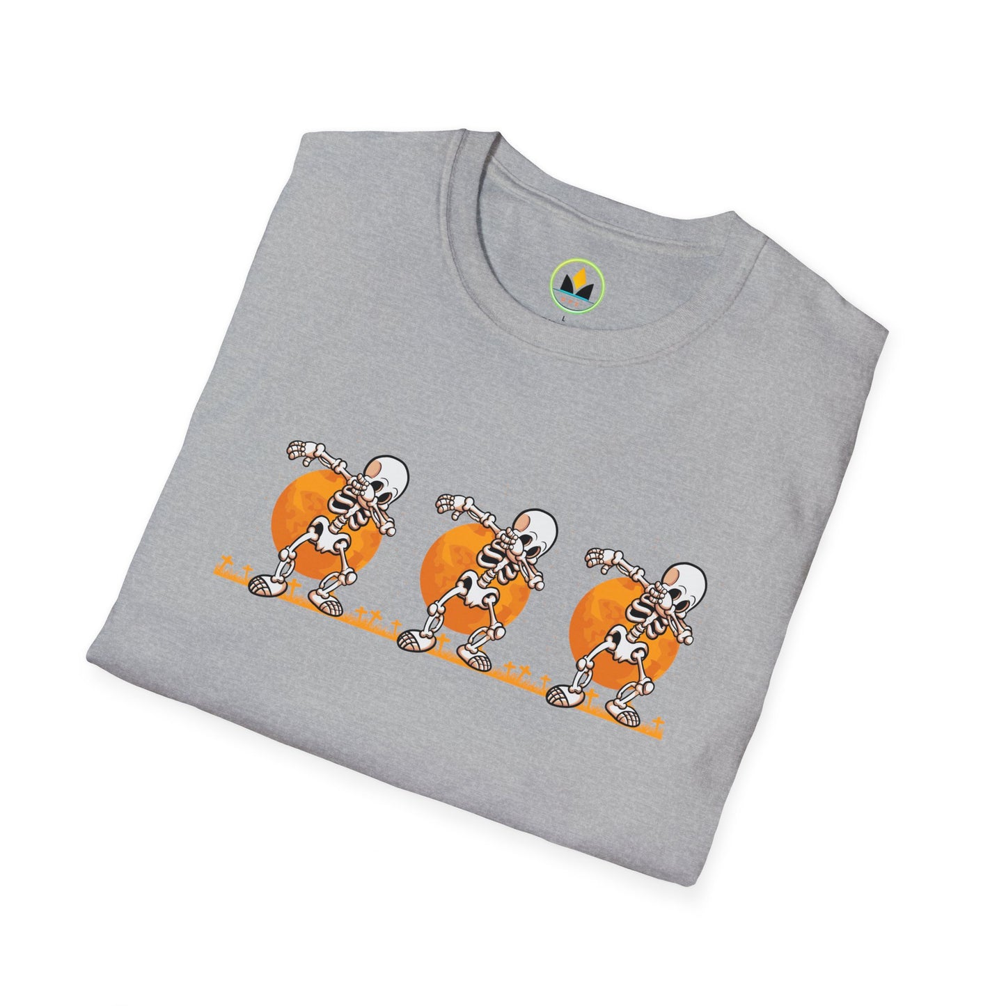 Moonlit Macabre: Dancing Skeleton Halloween T-Shirt – Spooky Unisex Softstyle T-Shirt