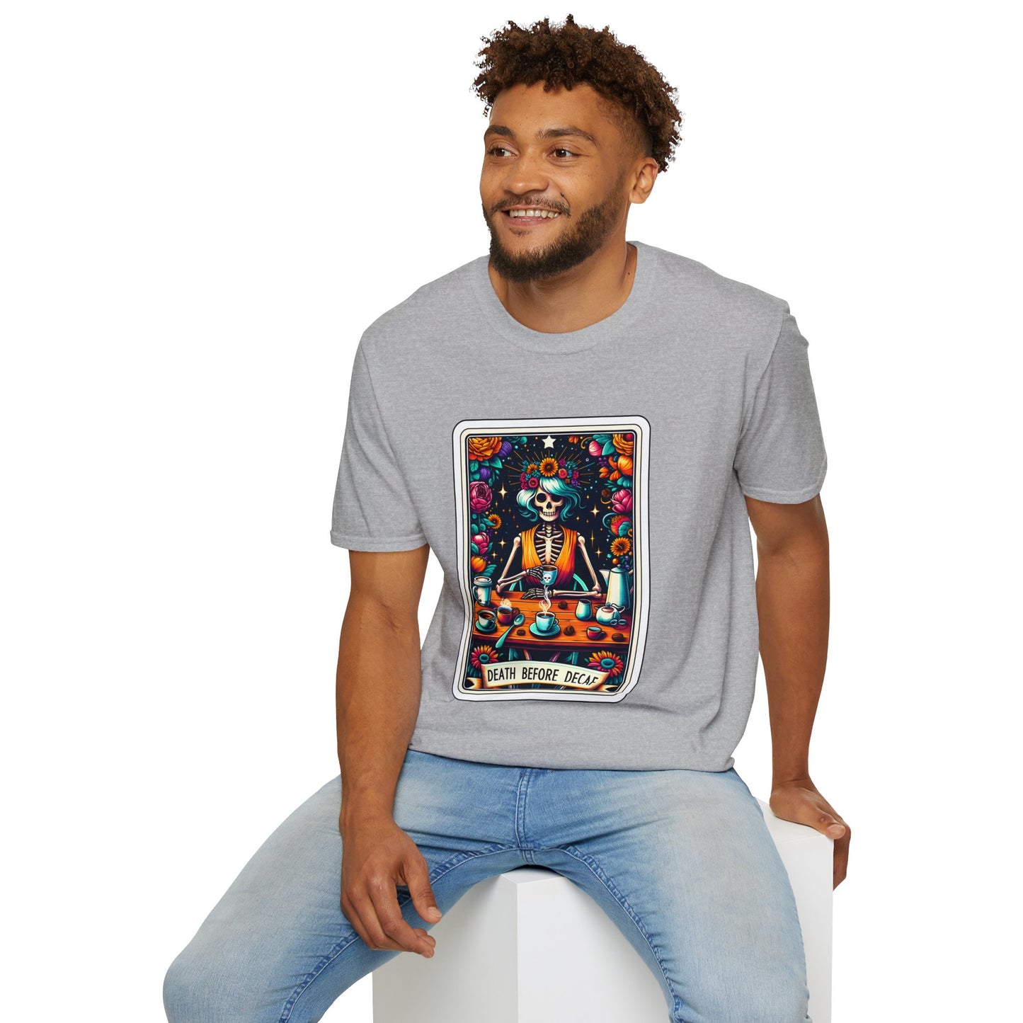 Spooky Halloween Coffee Skeleton Tee - Vibrant Day of the Dead Style Shirt