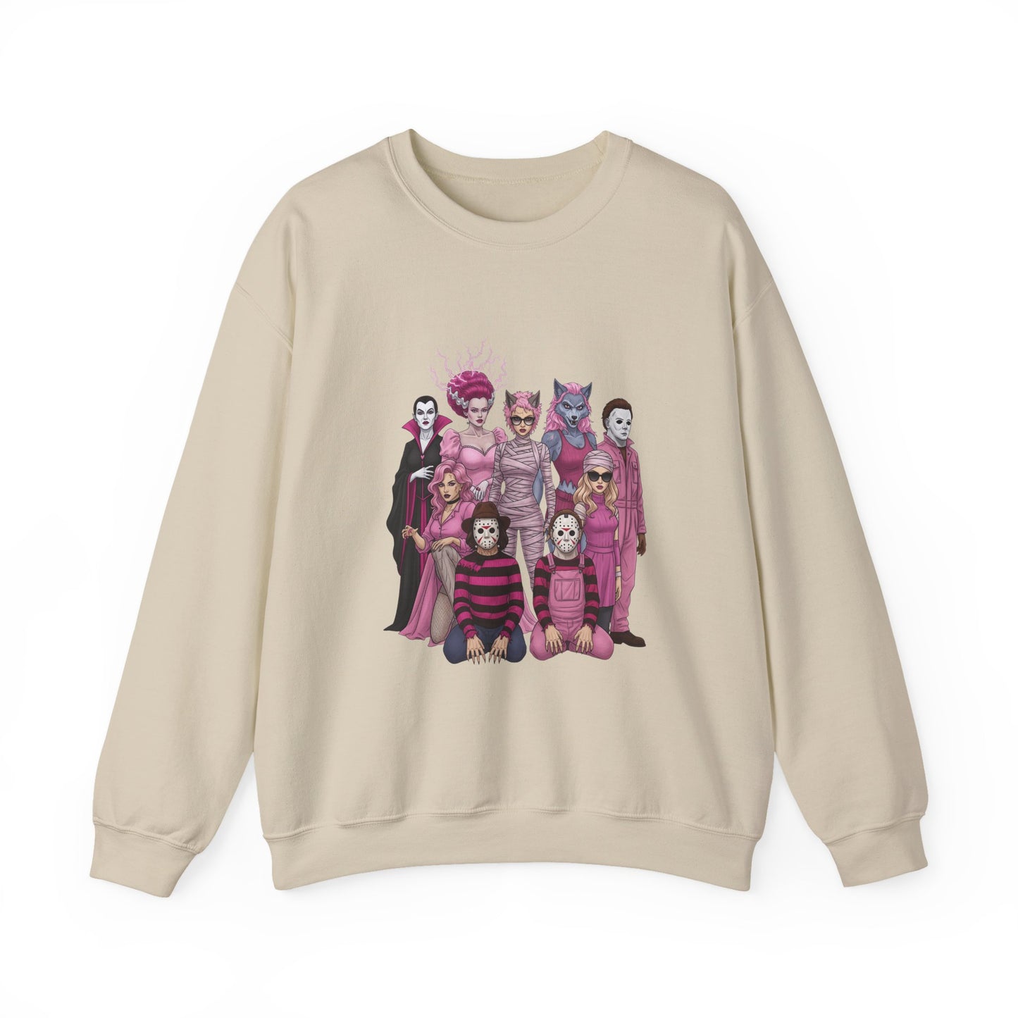 Lady Slashers Halloween Sweatshirt | Female Horror Villains Crewneck in Pink