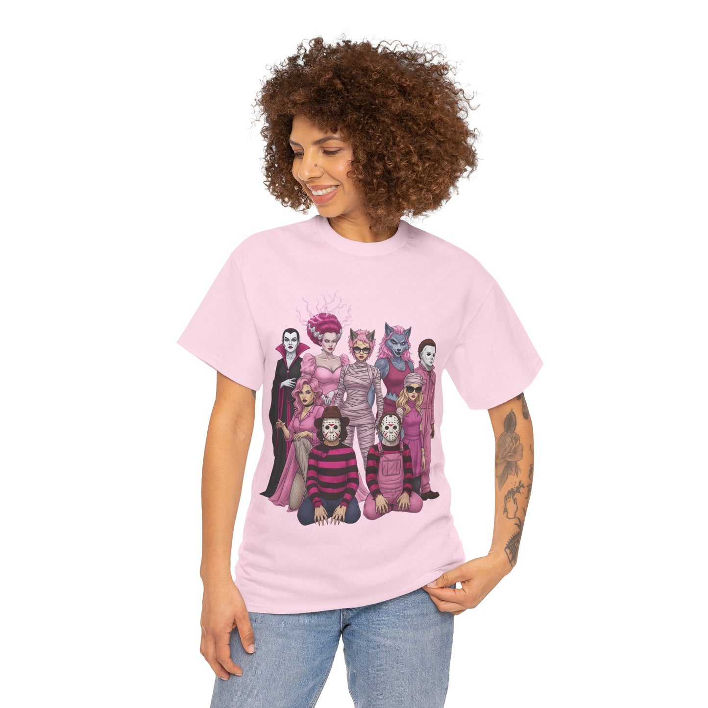Lady Slashers Halloween Tee | Female Horror Villains Reunion Shirt in Pink