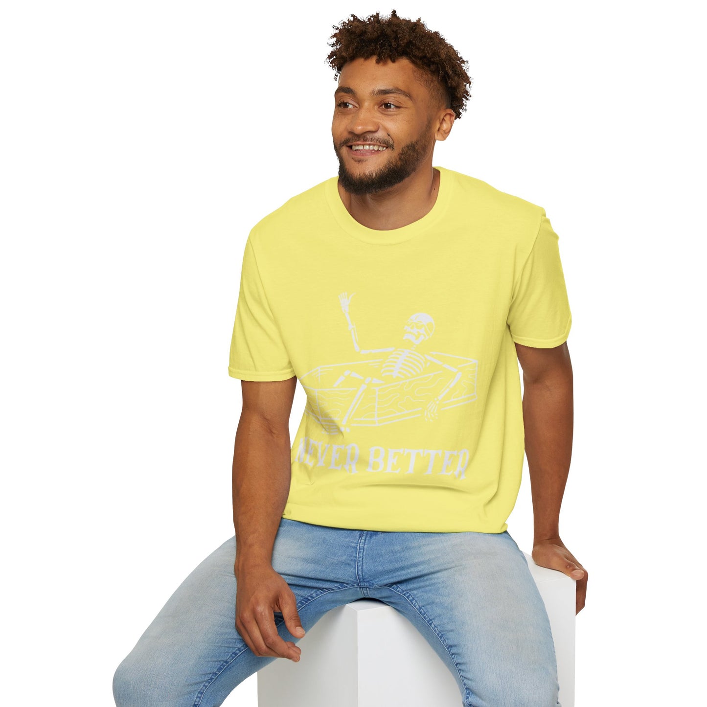 NEVER BETTER - Skeleton in Coffin Halloween Unisex Softstyle T-Shirt
